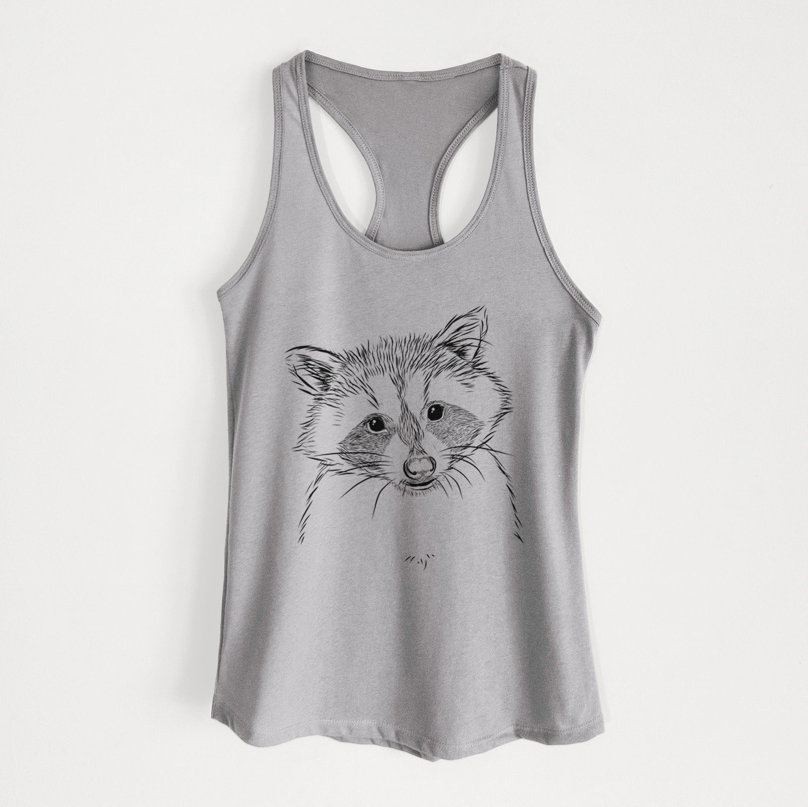 Hand-drawn sketch of Randy the Raccoon on a Heather Grey Women's racerback tanktop
