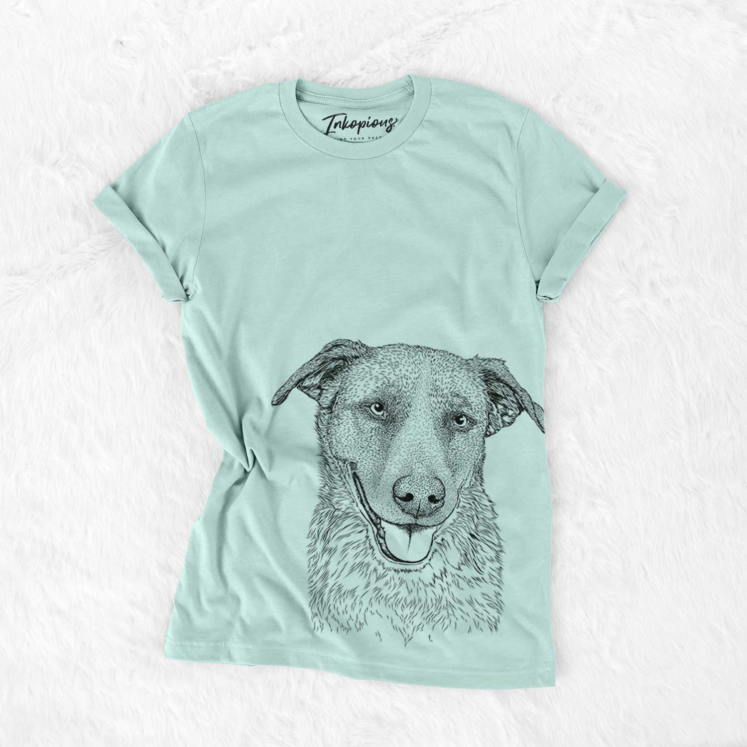 Hand-drawn sketch of Reef the Mixed Breed on a Heather Sage Bella Canvas Unisex Crewneck