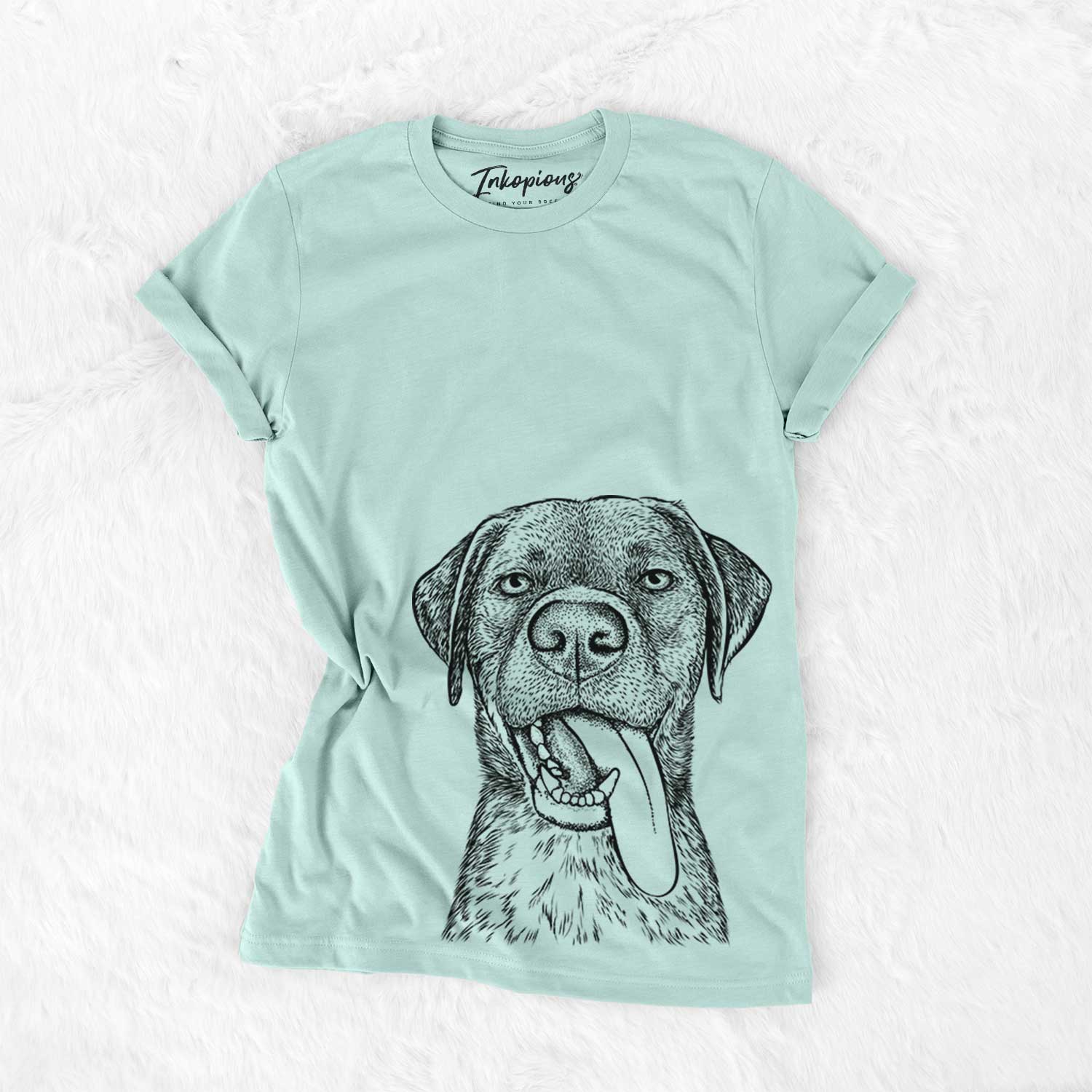 Hand-drawn sketch of Reese the Mixed Breed on a Heather Sage Bella Canvas Unisex Crewneck