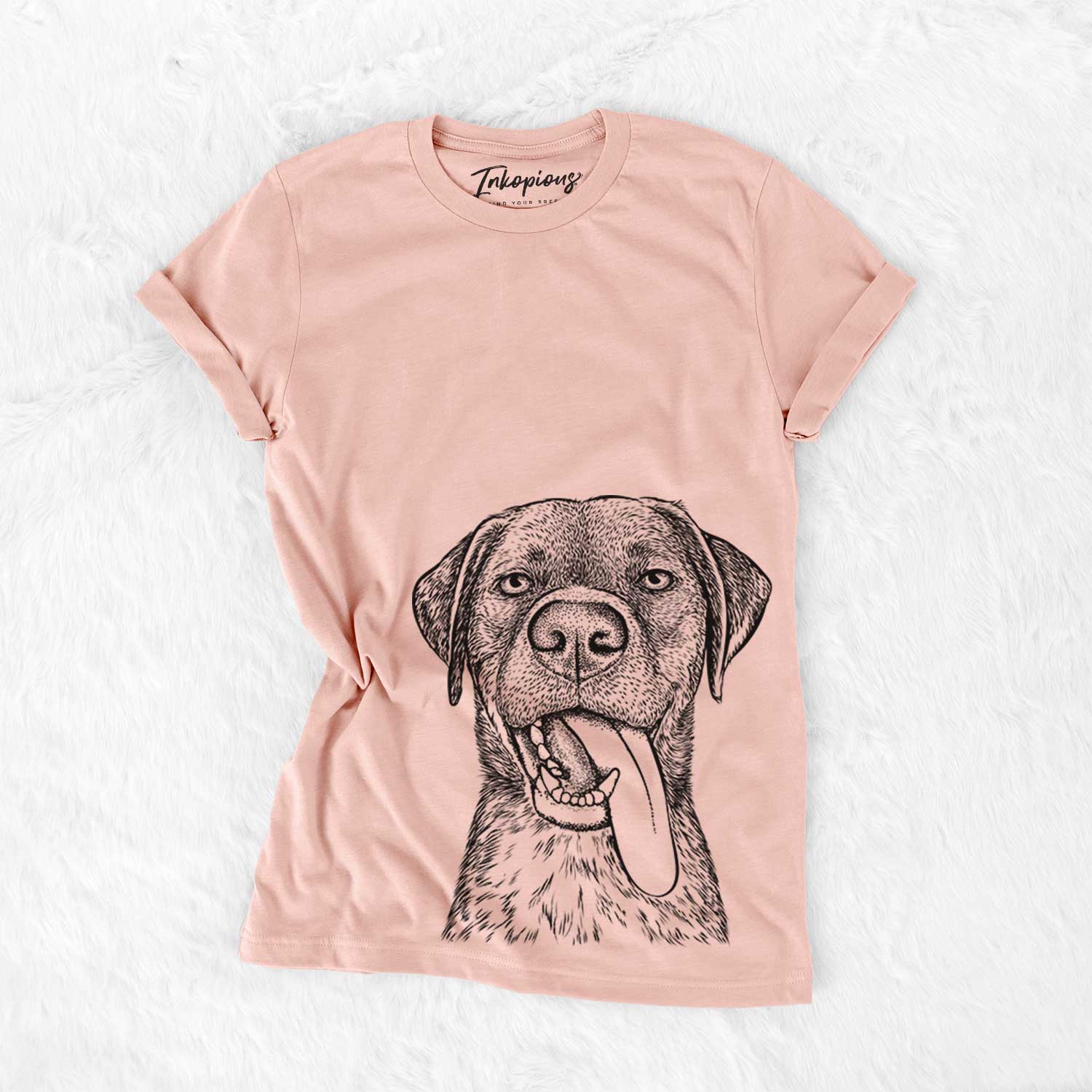 Hand-drawn sketch of Reese the Mixed Breed on a Peach Bella Canvas Unisex Crewneck