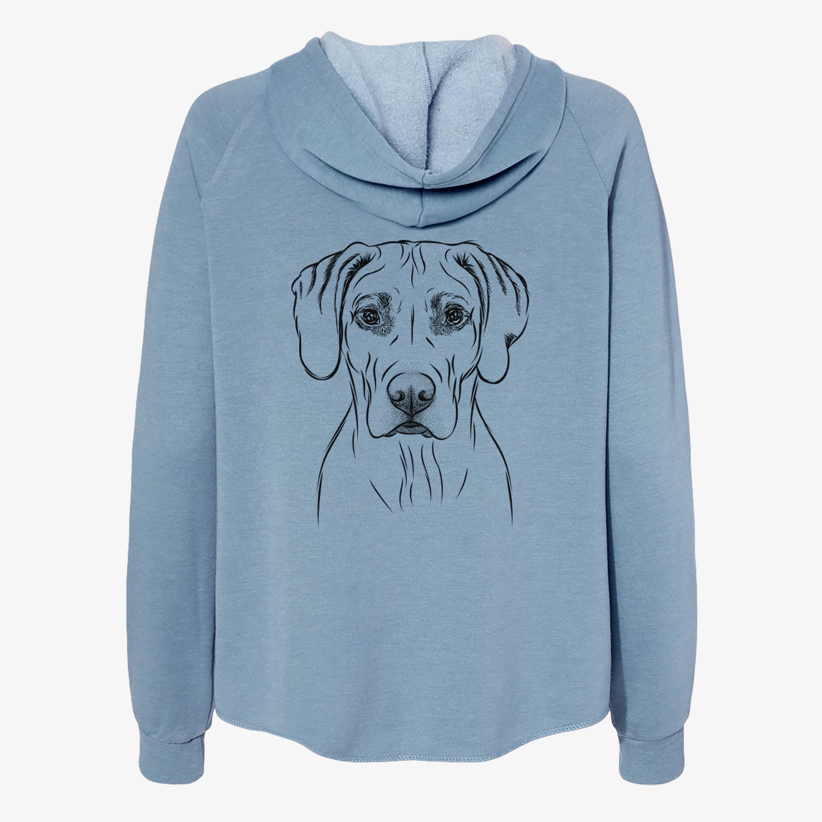 Hand-drawn sketch of Reid the Rhodesian Ridgeback on a Misty Blue Women's cali wave zip-up sweatshirt