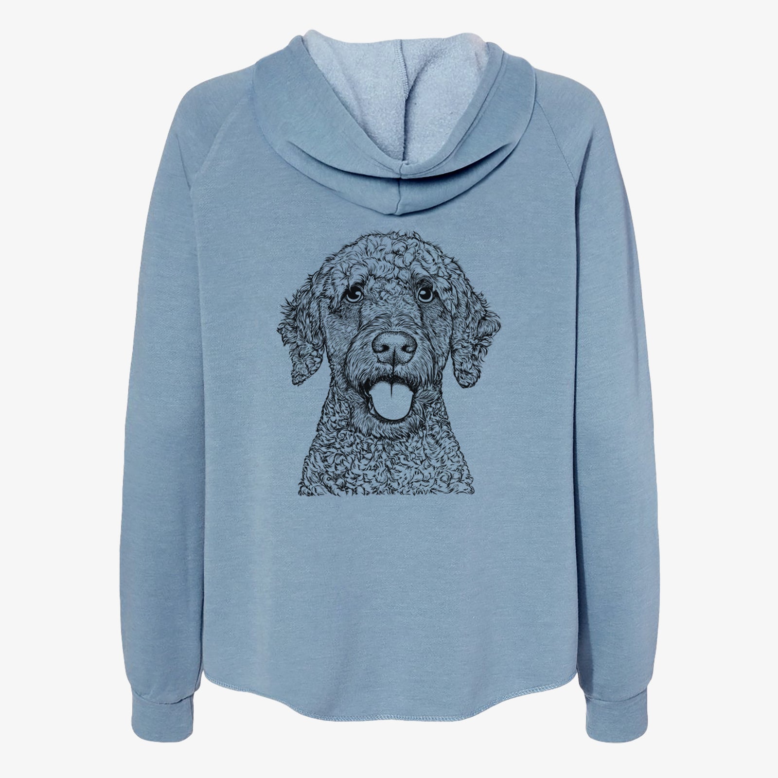 Hand-drawn sketch of Reina the Spanish Water Dog on a Misty Blue Women's cali wave zip-up sweatshirt