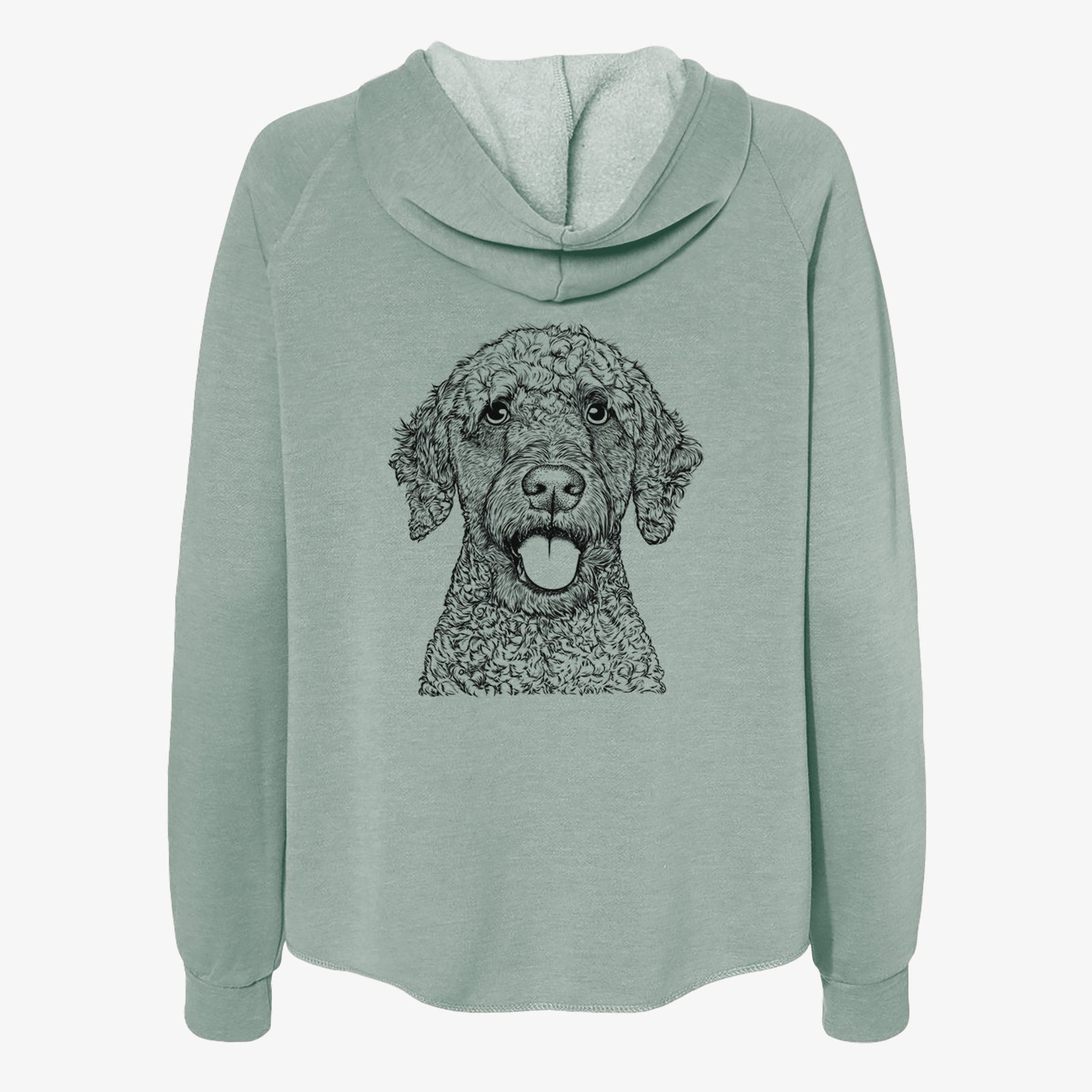 Hand-drawn sketch of Reina the Spanish Water Dog on a Sage Women's cali wave zip-up sweatshirt