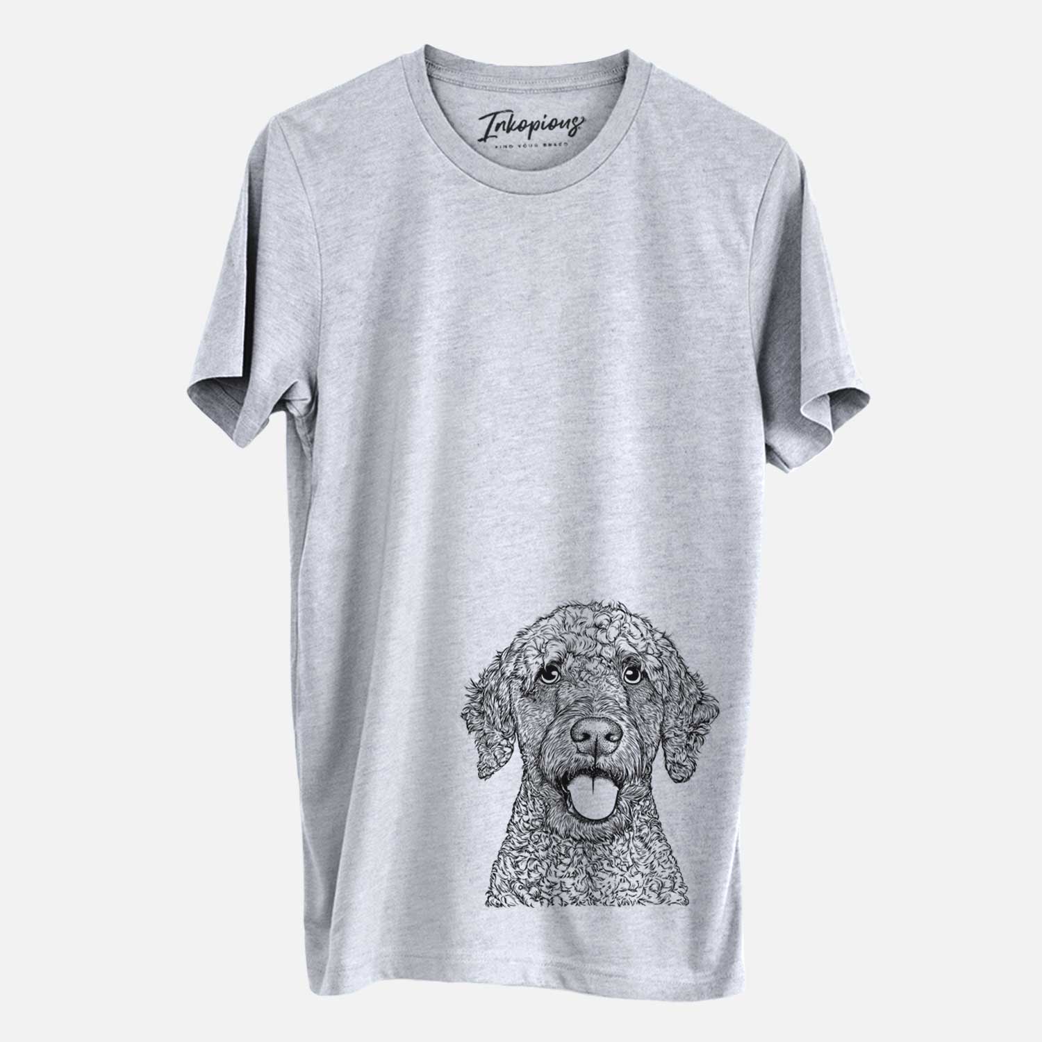 Hand-drawn sketch of Reina the Spanish Water Dog on a Grey Unisex crewneck