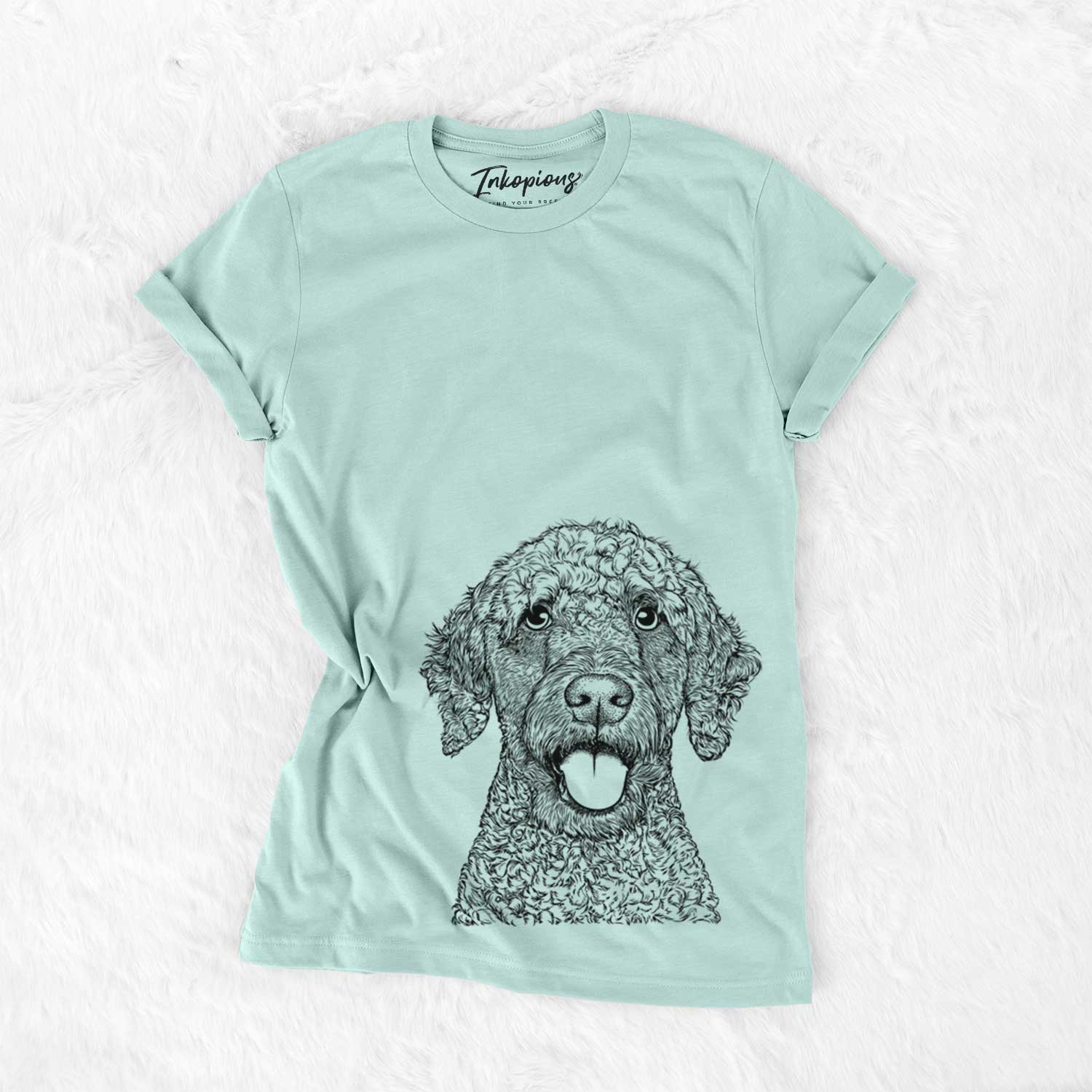 Hand-drawn sketch of Reina the Spanish Water Dog on a Heather Sage Bella Canvas Unisex Crewneck