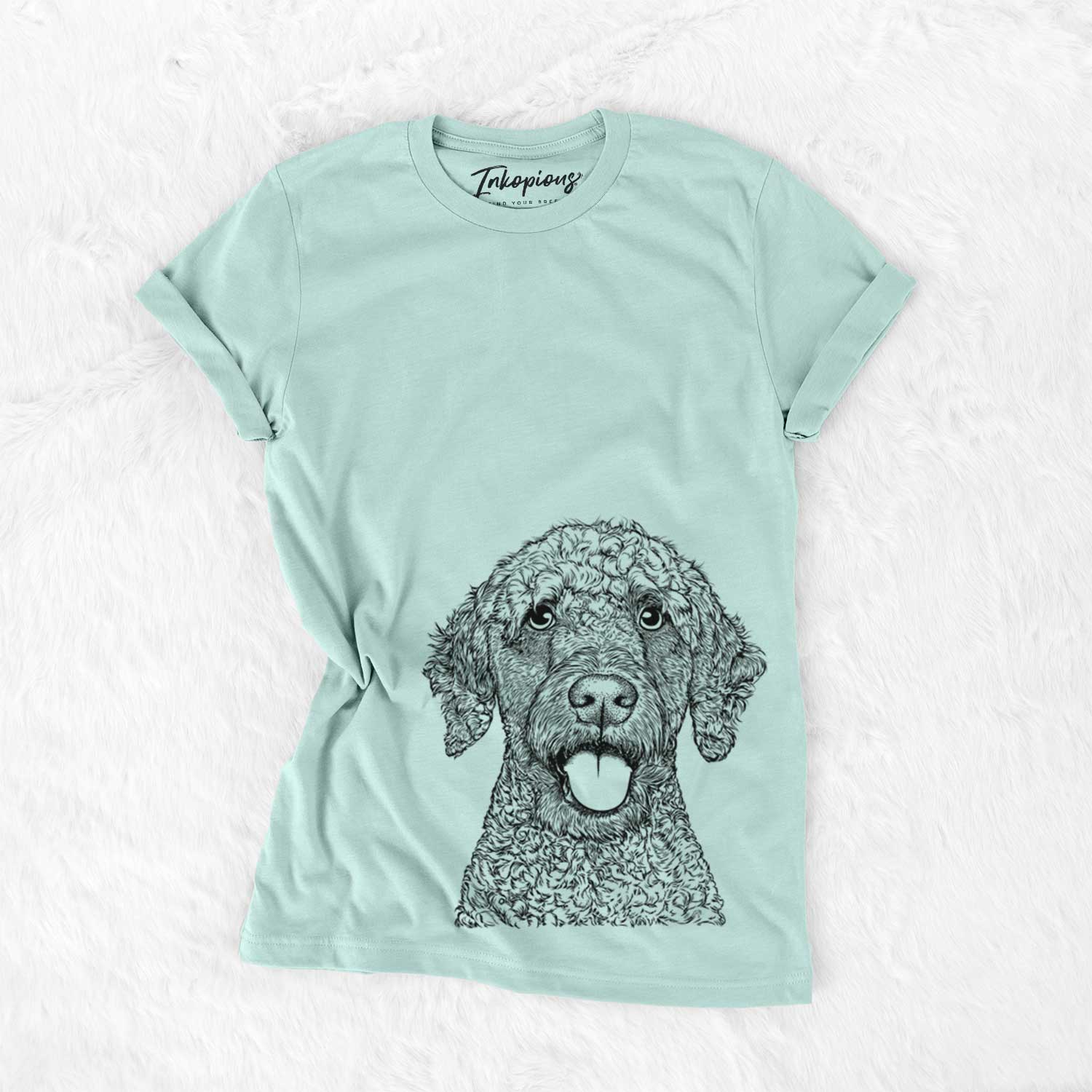 Hand-drawn sketch of Reina the Spanish Water Dog on a Heather Sage Unisex crewneck