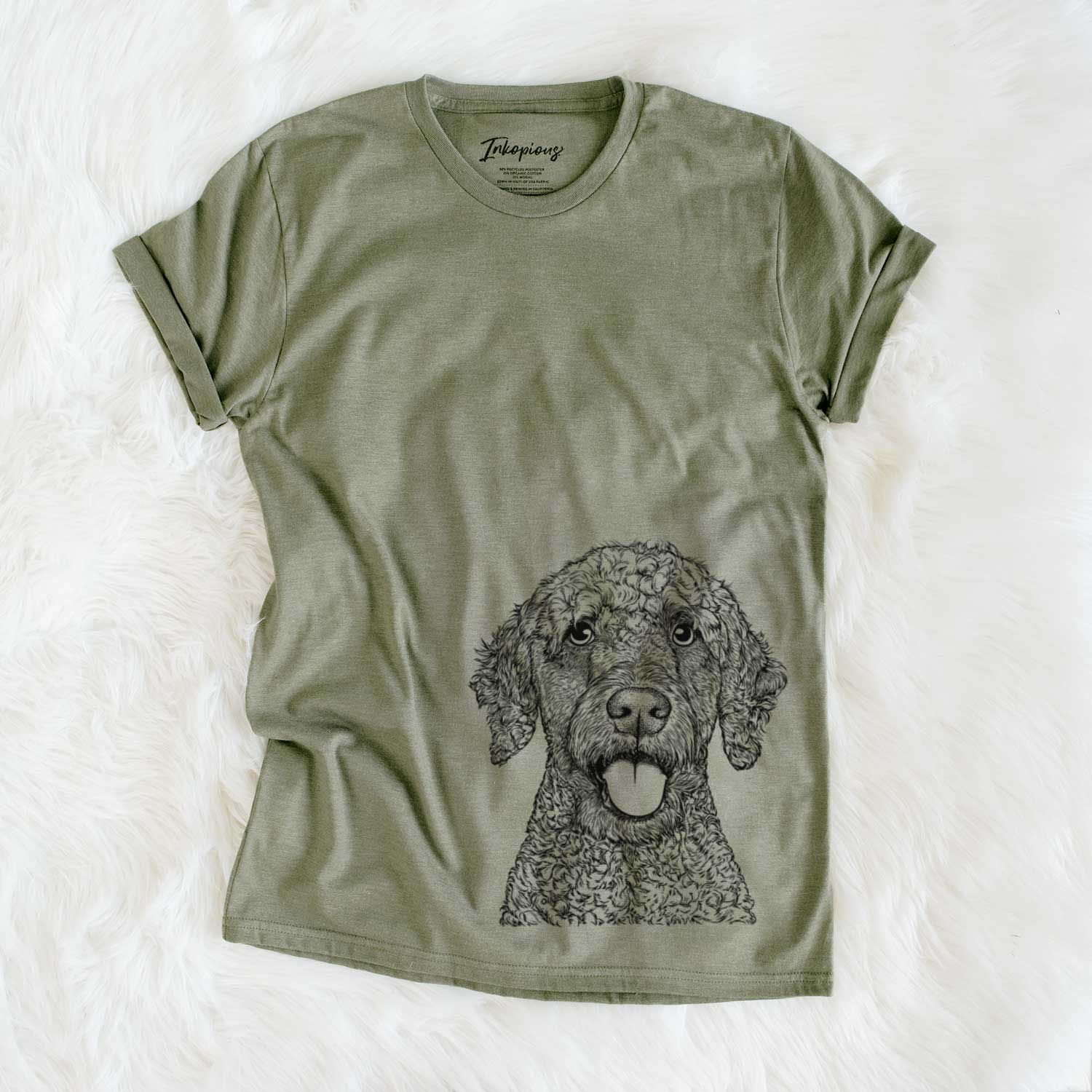 Hand-drawn sketch of Reina the Spanish Water Dog on an Olive Unisex crewneck