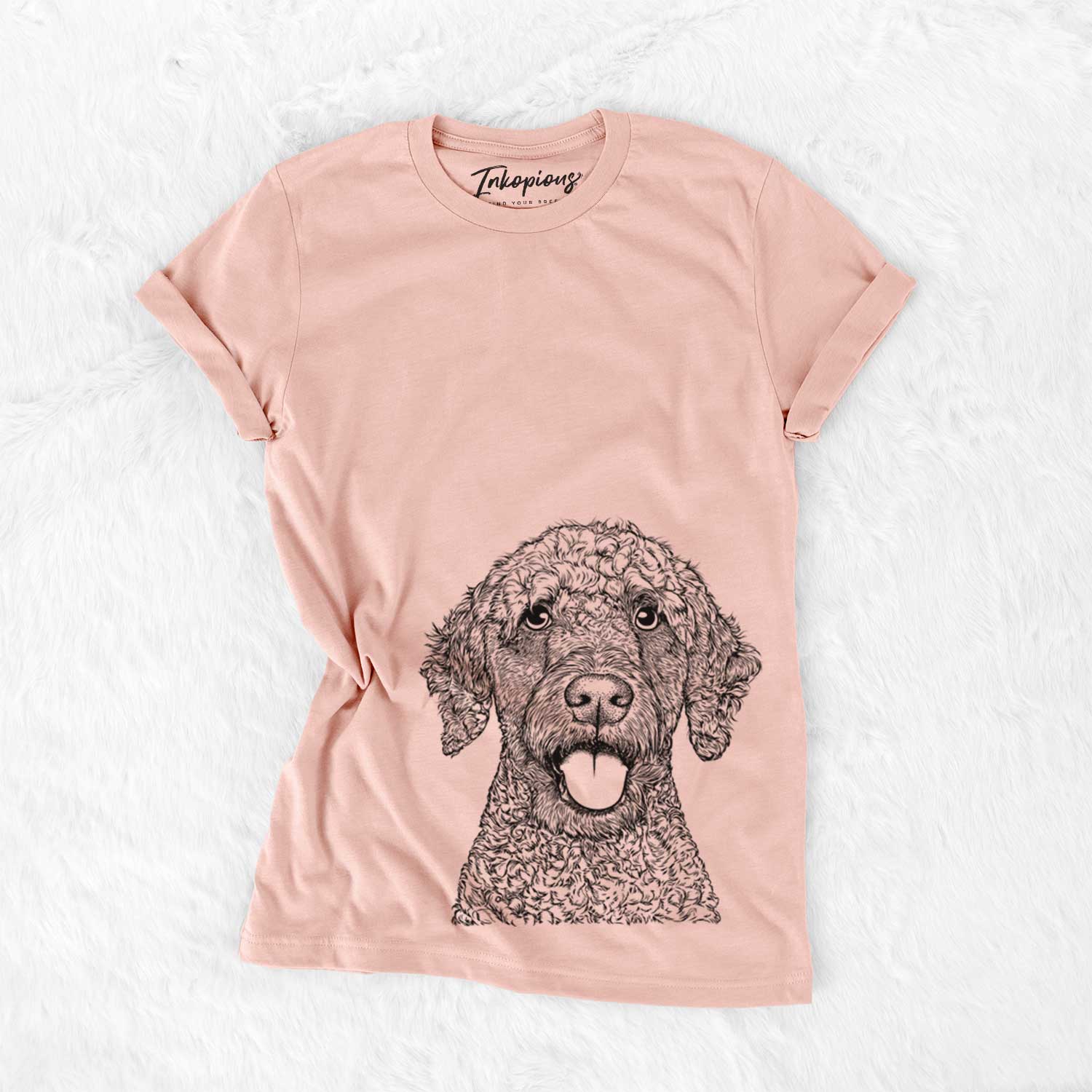 Hand-drawn sketch of Reina the Spanish Water Dog on a Peach Bella Canvas Unisex Crewneck
