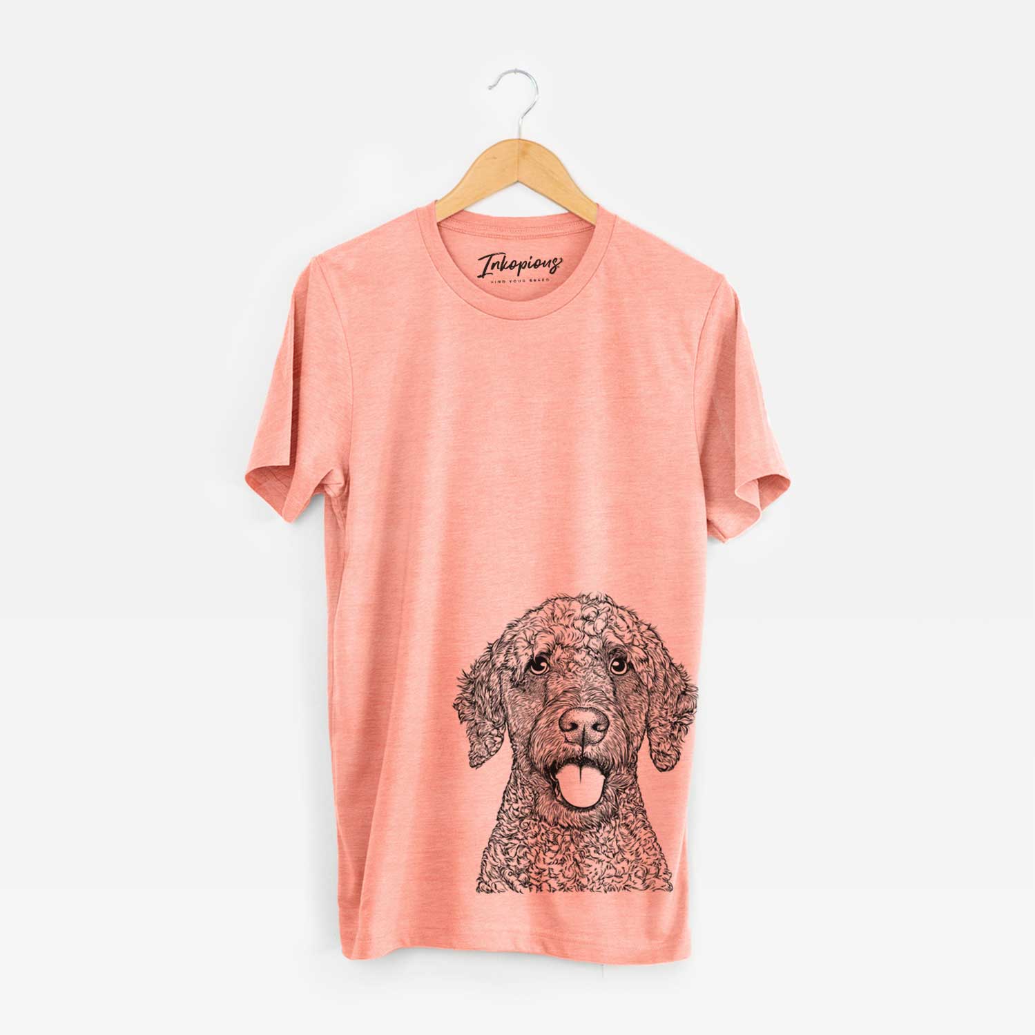 Hand-drawn sketch of Reina the Spanish Water Dog on a Sunset Bella Canvas Unisex Crewneck
