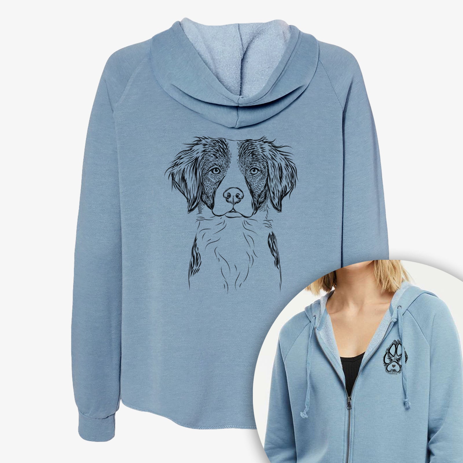 Hand-drawn sketch of Remi the Brittany on a Women's cali wave zip-up sweatshirt, shown with icons of the other available costume styles