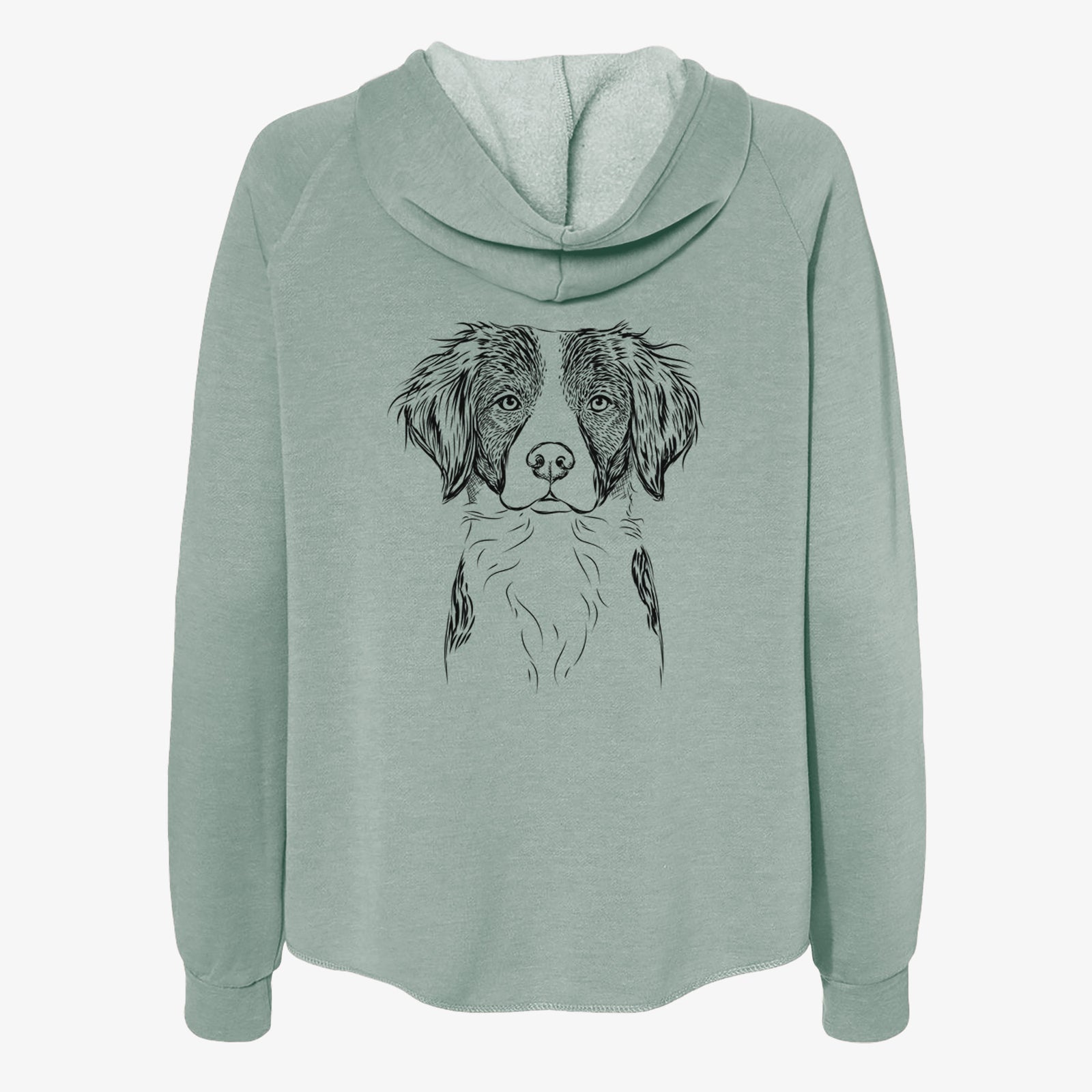 Hand-drawn sketch of Remi the Brittany on a Sage Women's cali wave zip-up sweatshirt