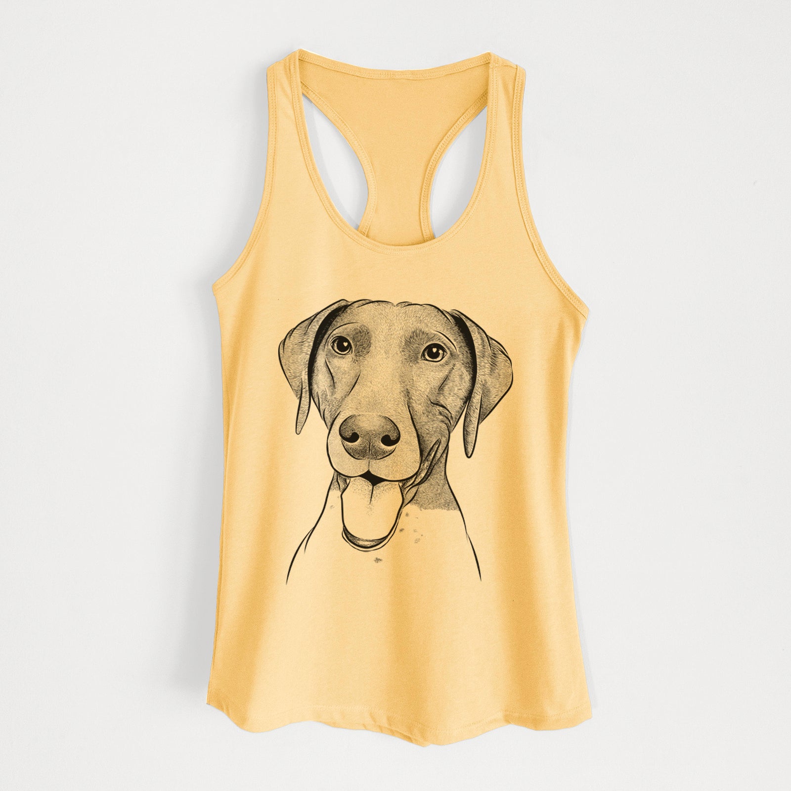 Hand-drawn sketch of Remi the German Shorthaired Pointer on a Banana Cream Women's racerback tanktop
