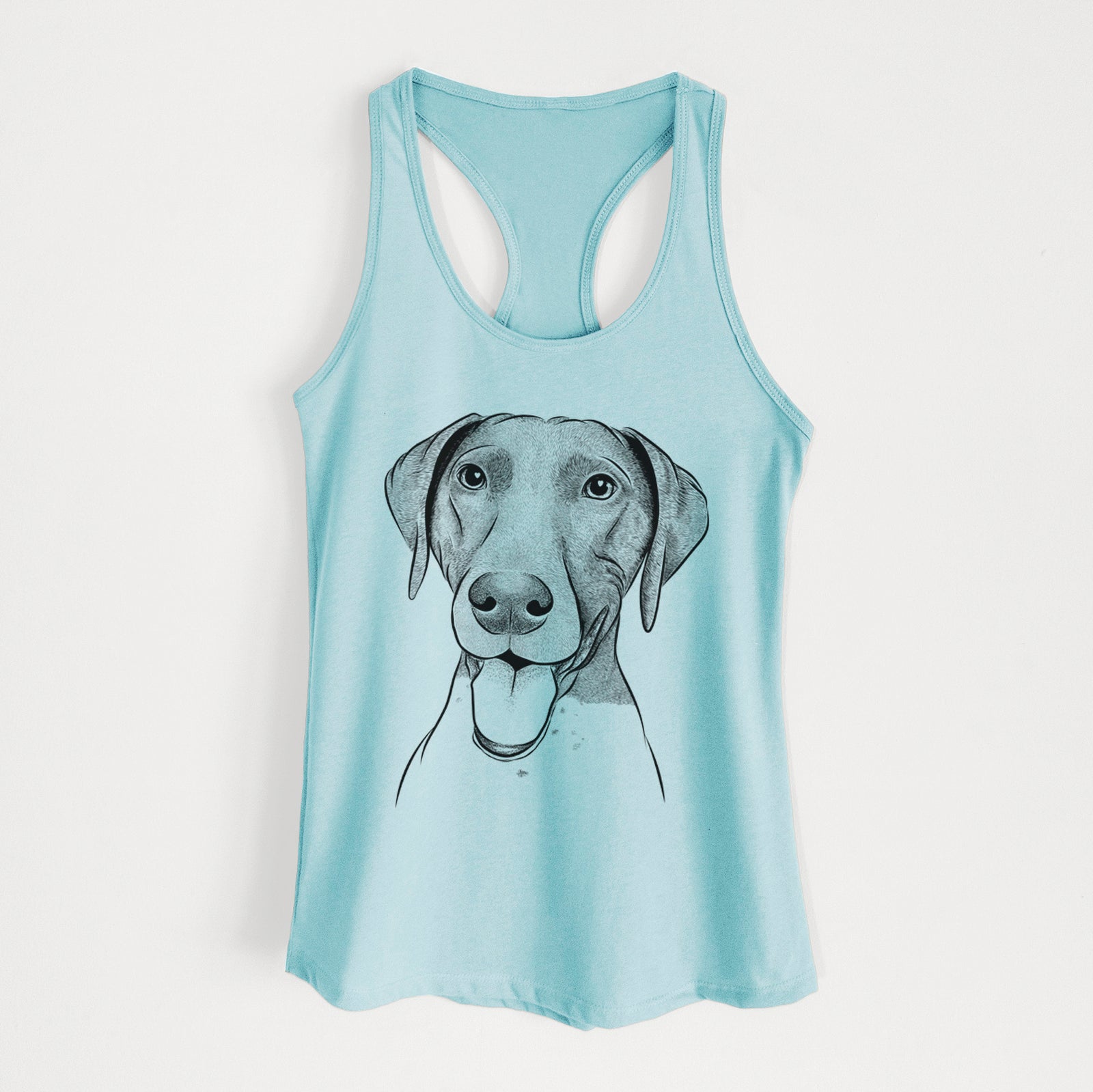 Hand-drawn sketch of Remi the German Shorthaired Pointer on a Cancun Blue Women's racerback tanktop