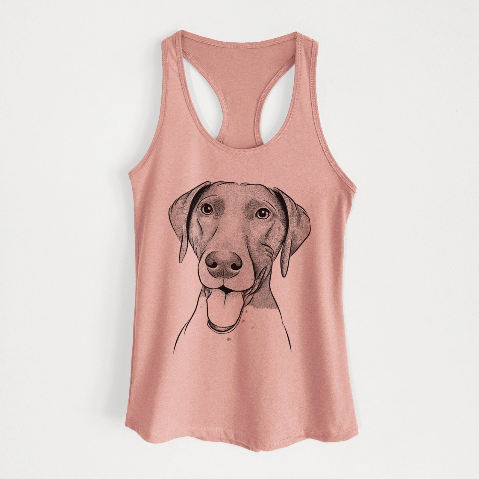 Hand-drawn sketch of Remi the German Shorthaired Pointer on a Desert Pink Women's racerback tanktop