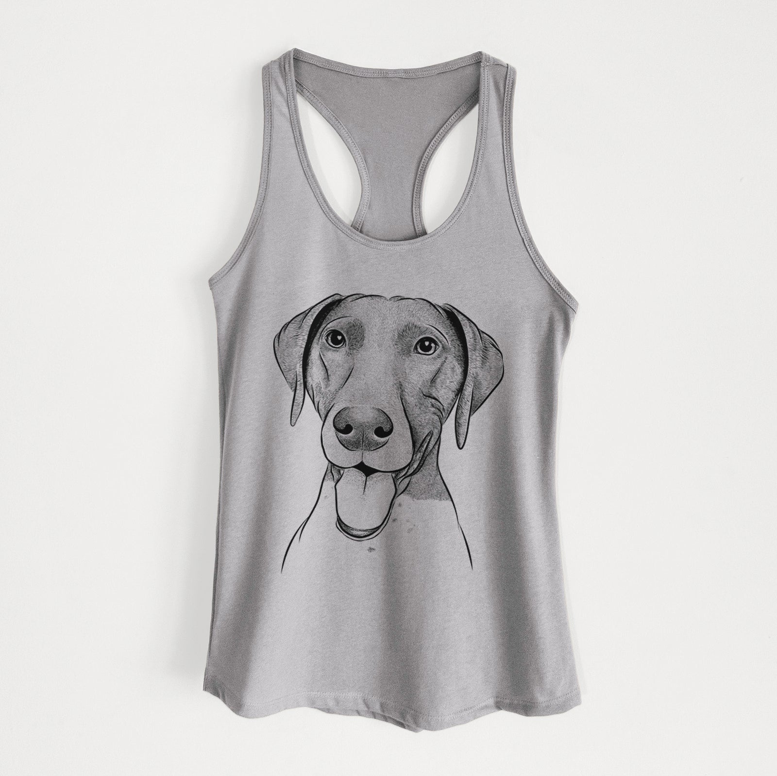 Hand-drawn sketch of Remi the German Shorthaired Pointer on a Heather Grey Women's racerback tanktop