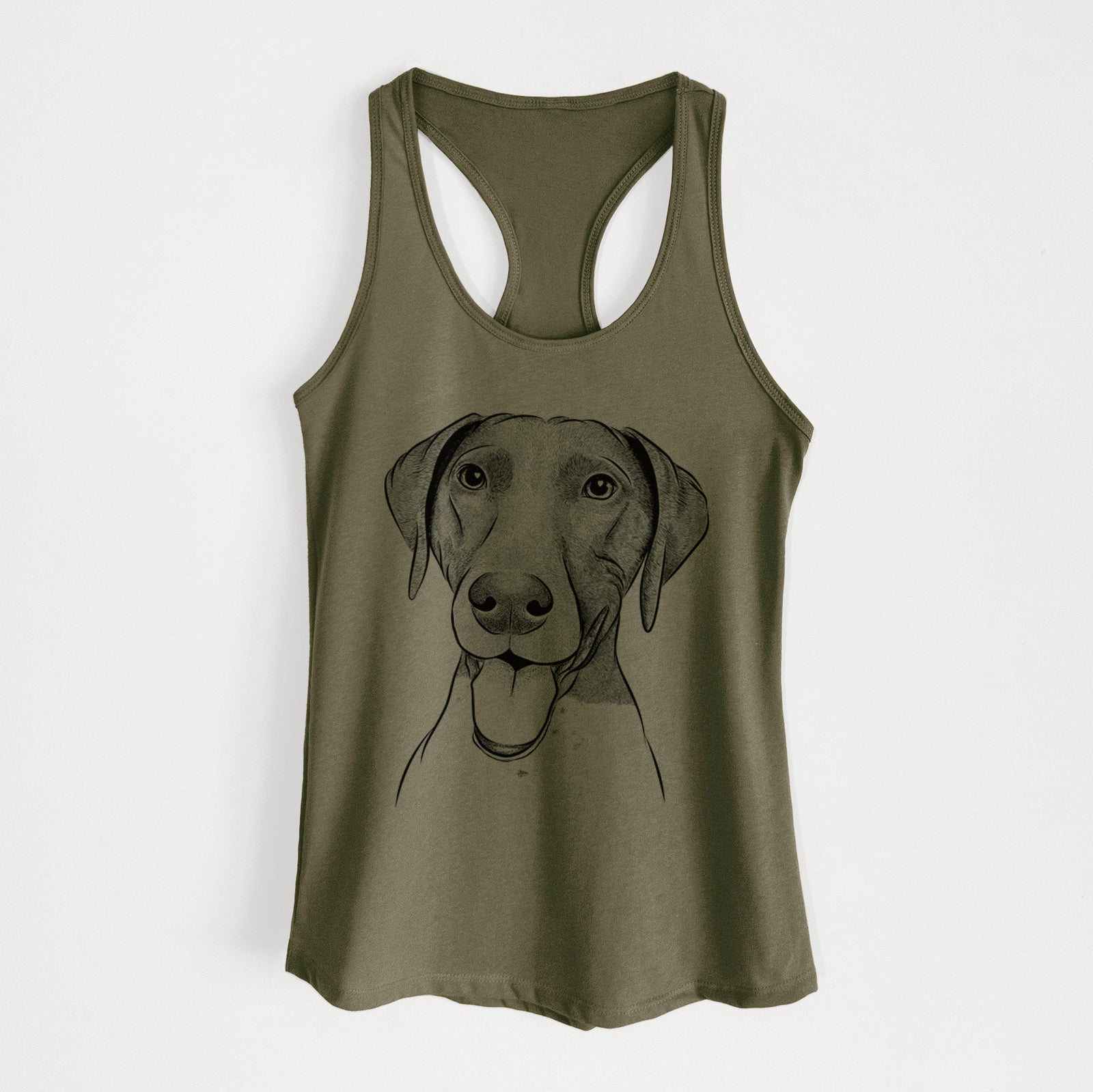 Hand-drawn sketch of Remi the German Shorthaired Pointer on a Military Green Women's racerback tanktop