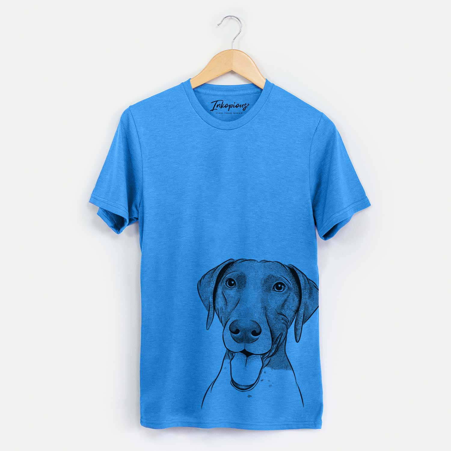 Hand-drawn sketch of Remi the German Shorthaired Pointer on a Blue Unisex crewneck