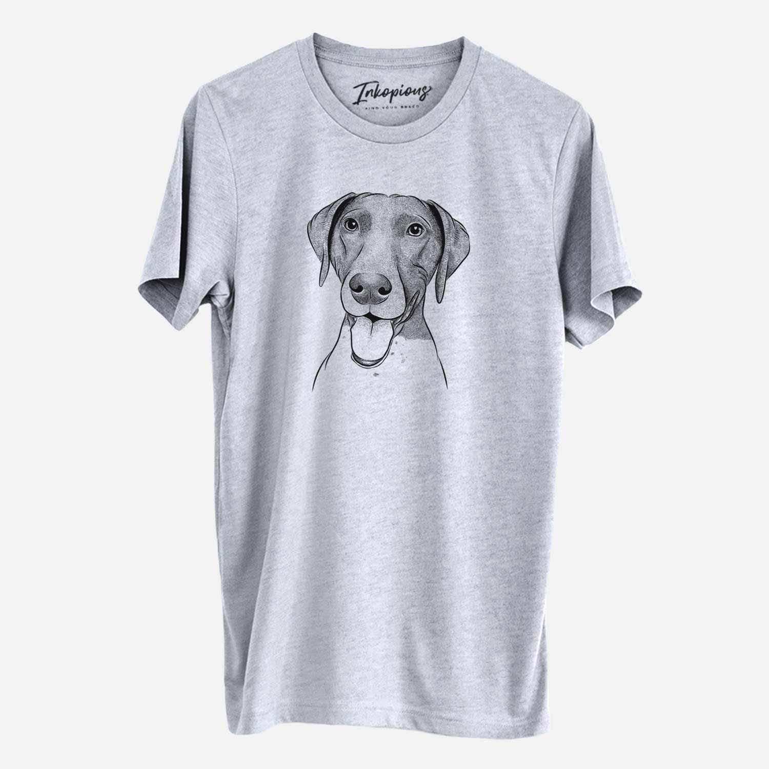 Hand-drawn sketch of Remi the German Shorthaired Pointer on a Grey Unisex crewneck