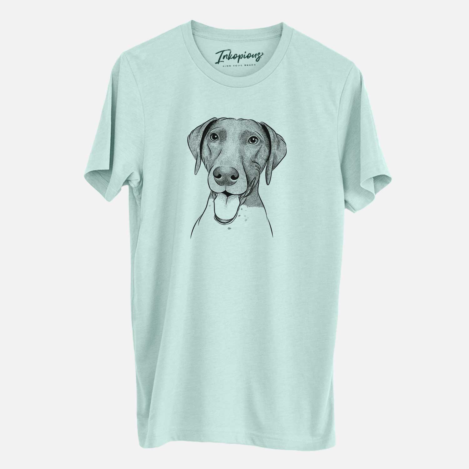 Hand-drawn sketch of Remi the German Shorthaired Pointer on a Heather Sage Unisex crewneck