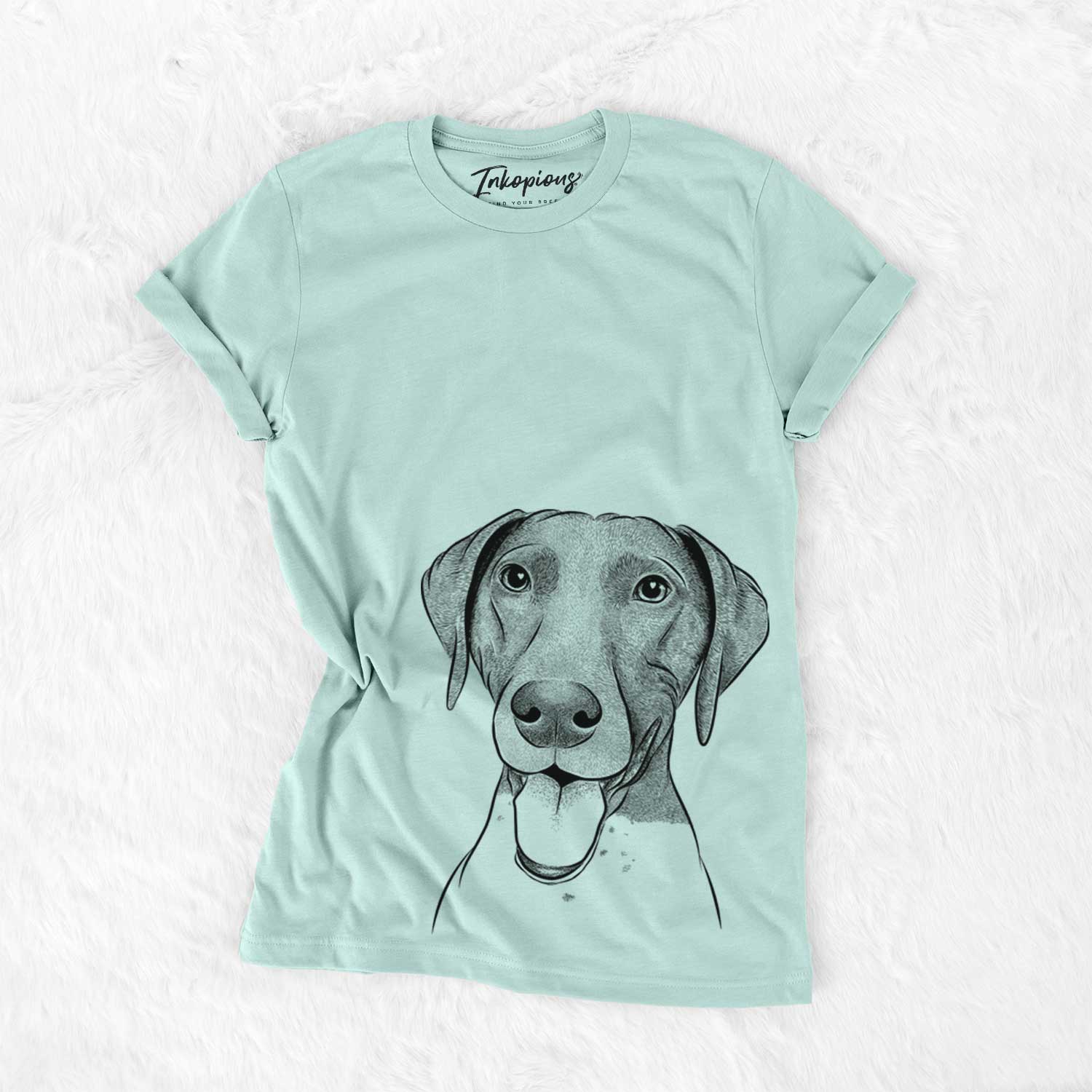 Hand-drawn sketch of Remi the German Shorthaired Pointer on a Heather Sage Unisex crewneck