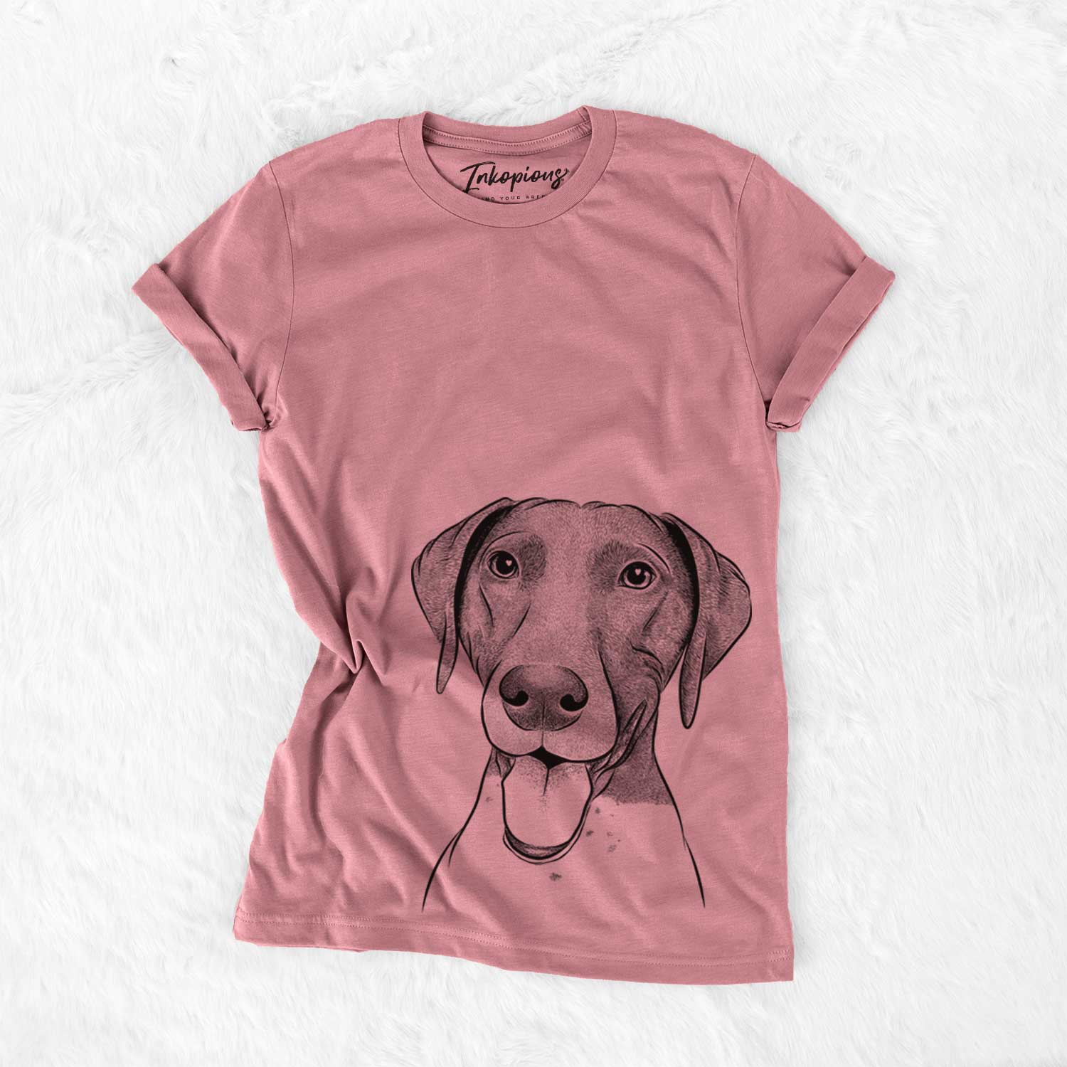 Hand-drawn sketch of Remi the German Shorthaired Pointer on a Mauve Unisex crewneck