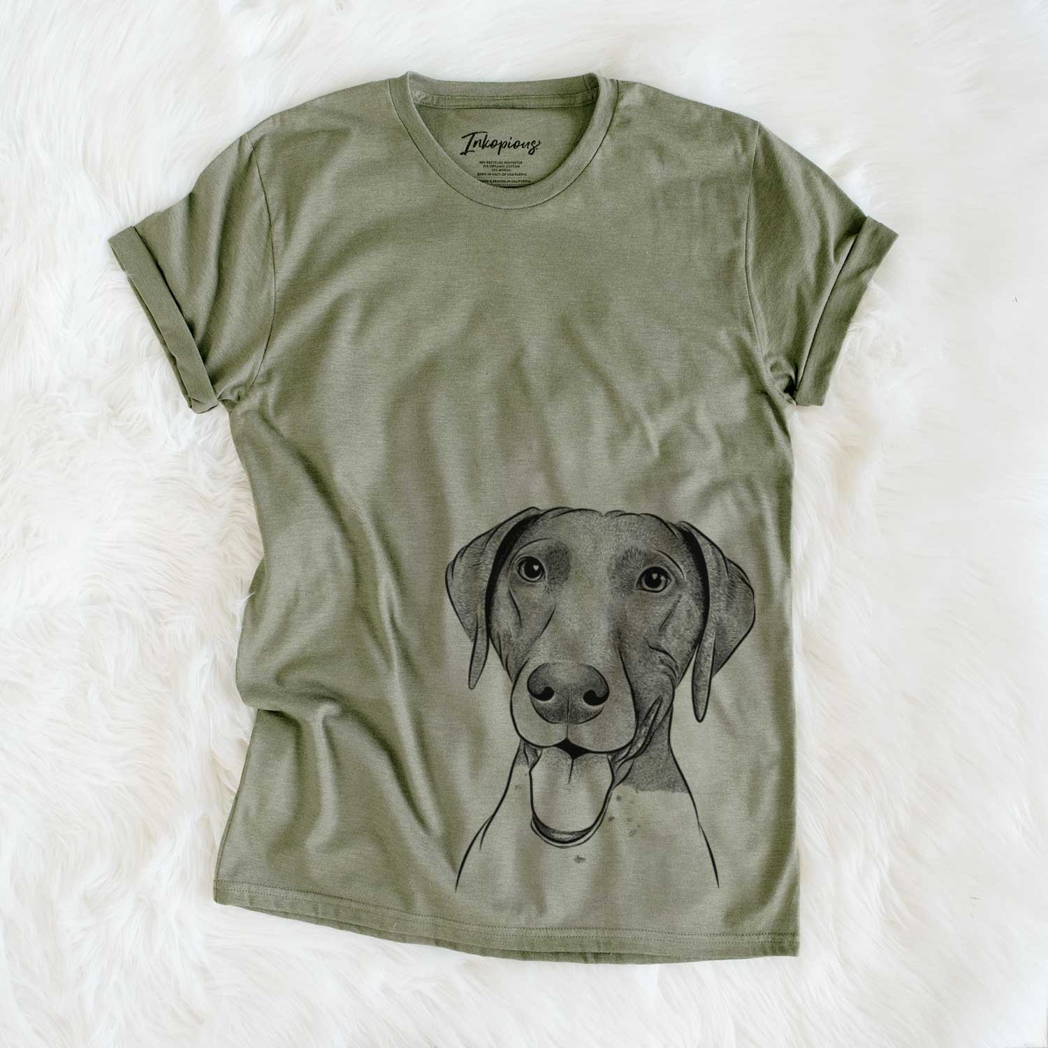Hand-drawn sketch of Remi the German Shorthaired Pointer on an Olive Unisex crewneck