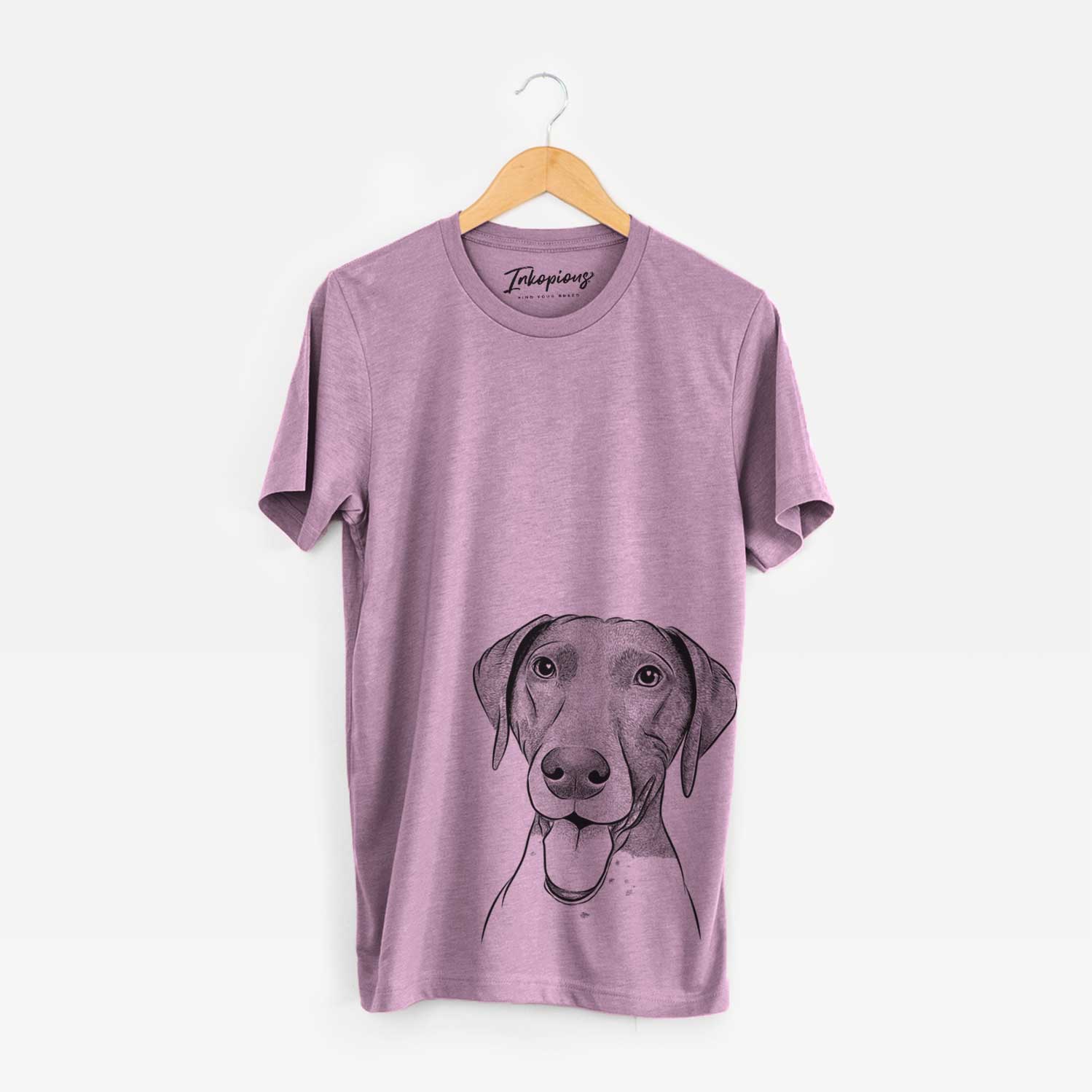 Hand-drawn sketch of Remi the German Shorthaired Pointer on an Orchid Unisex crewneck