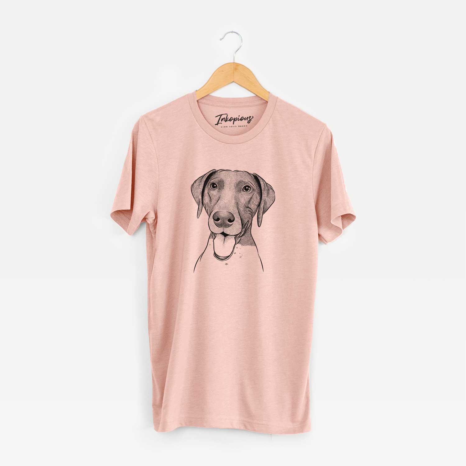 Hand-drawn sketch of Remi the German Shorthaired Pointer on a Peach Unisex crewneck