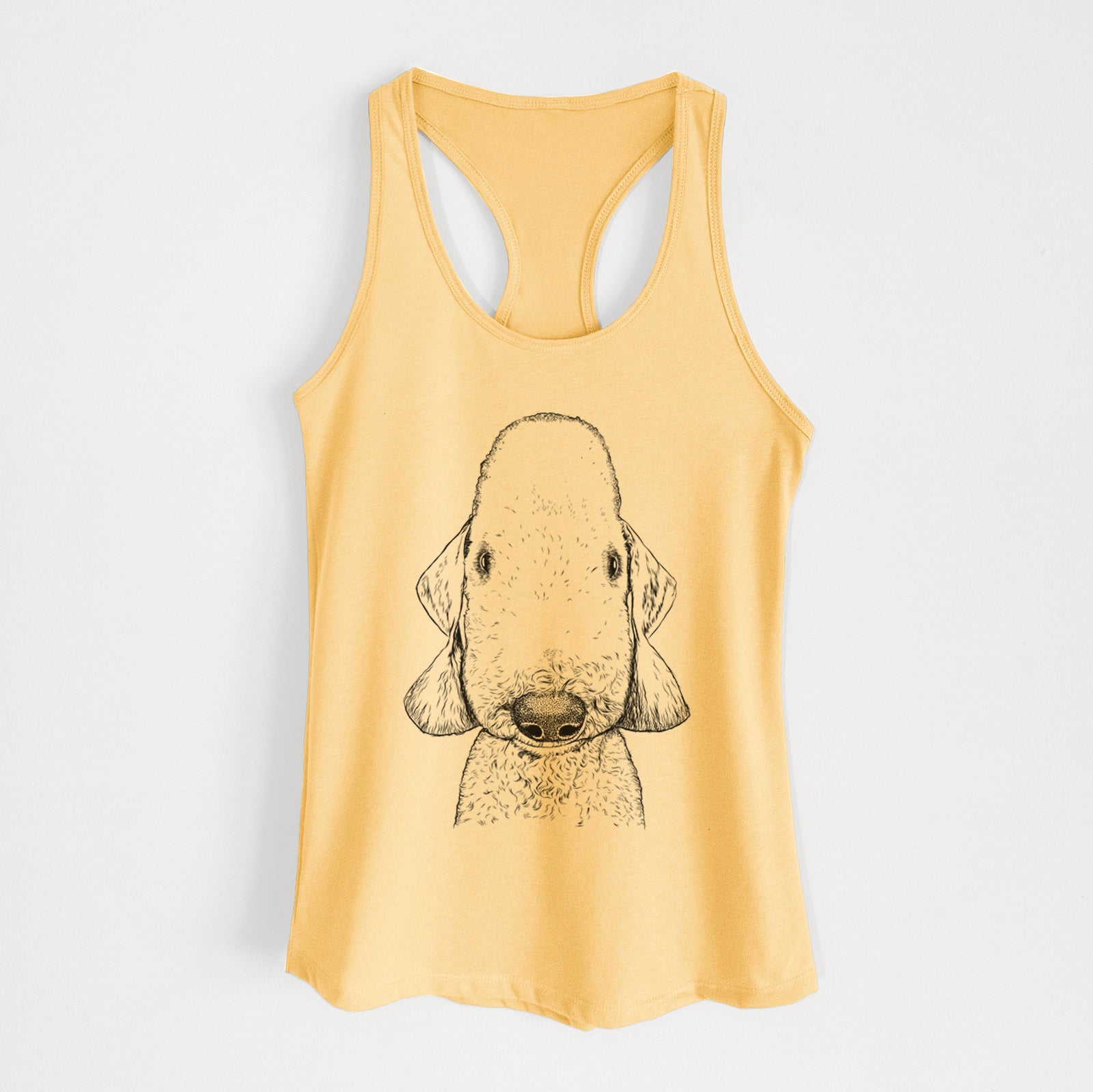 Hand-drawn sketch of Remington the Bedlington Terrier on a Banana Cream Women's racerback tanktop