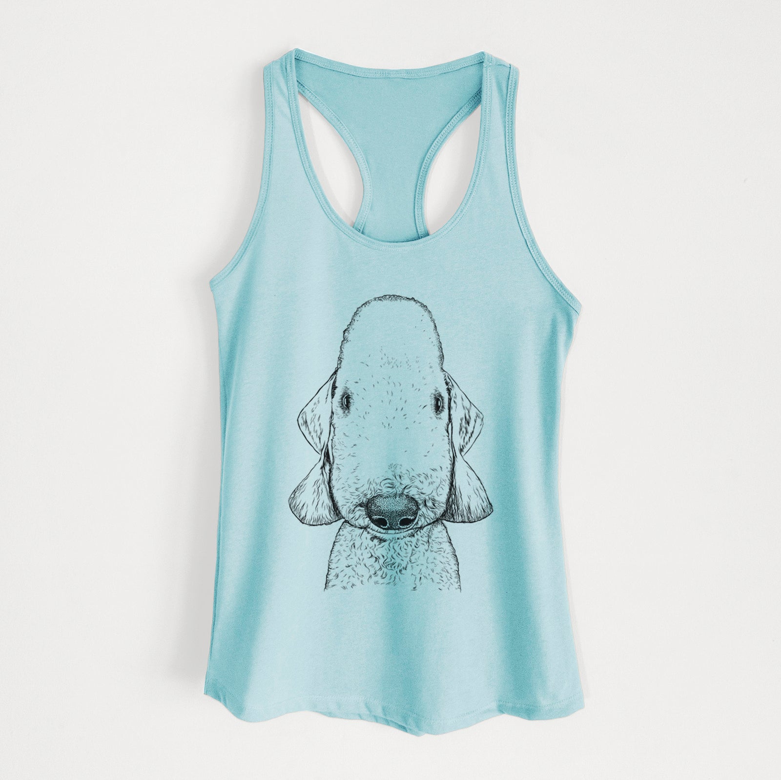 Hand-drawn sketch of Remington the Bedlington Terrier on a Cancun Blue Women's racerback tanktop