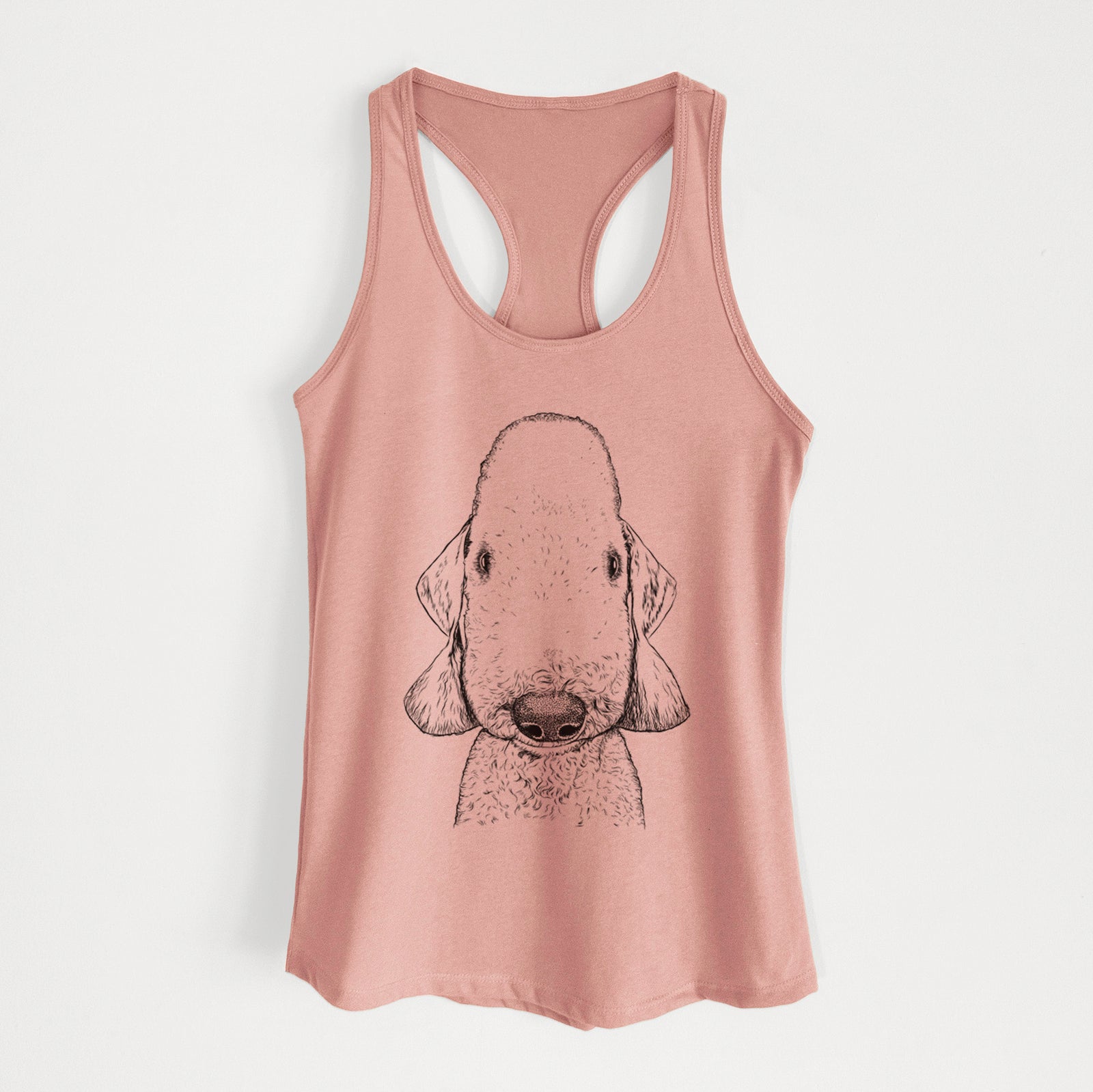 Hand-drawn sketch of Remington the Bedlington Terrier on a Desert Pink Women's racerback tanktop