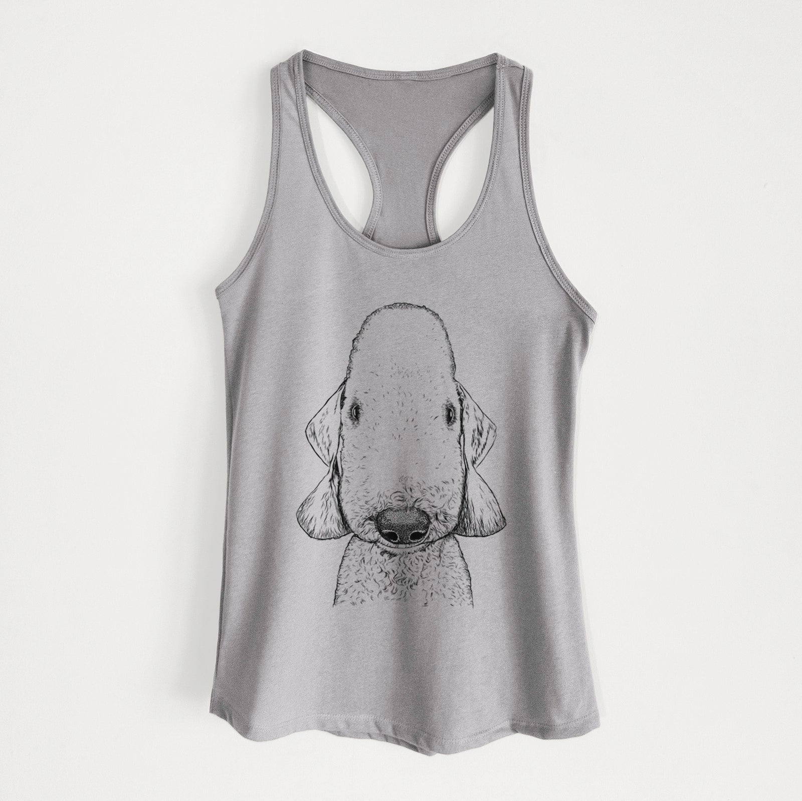 Hand-drawn sketch of Remington the Bedlington Terrier on a Heather Grey Women's racerback tanktop
