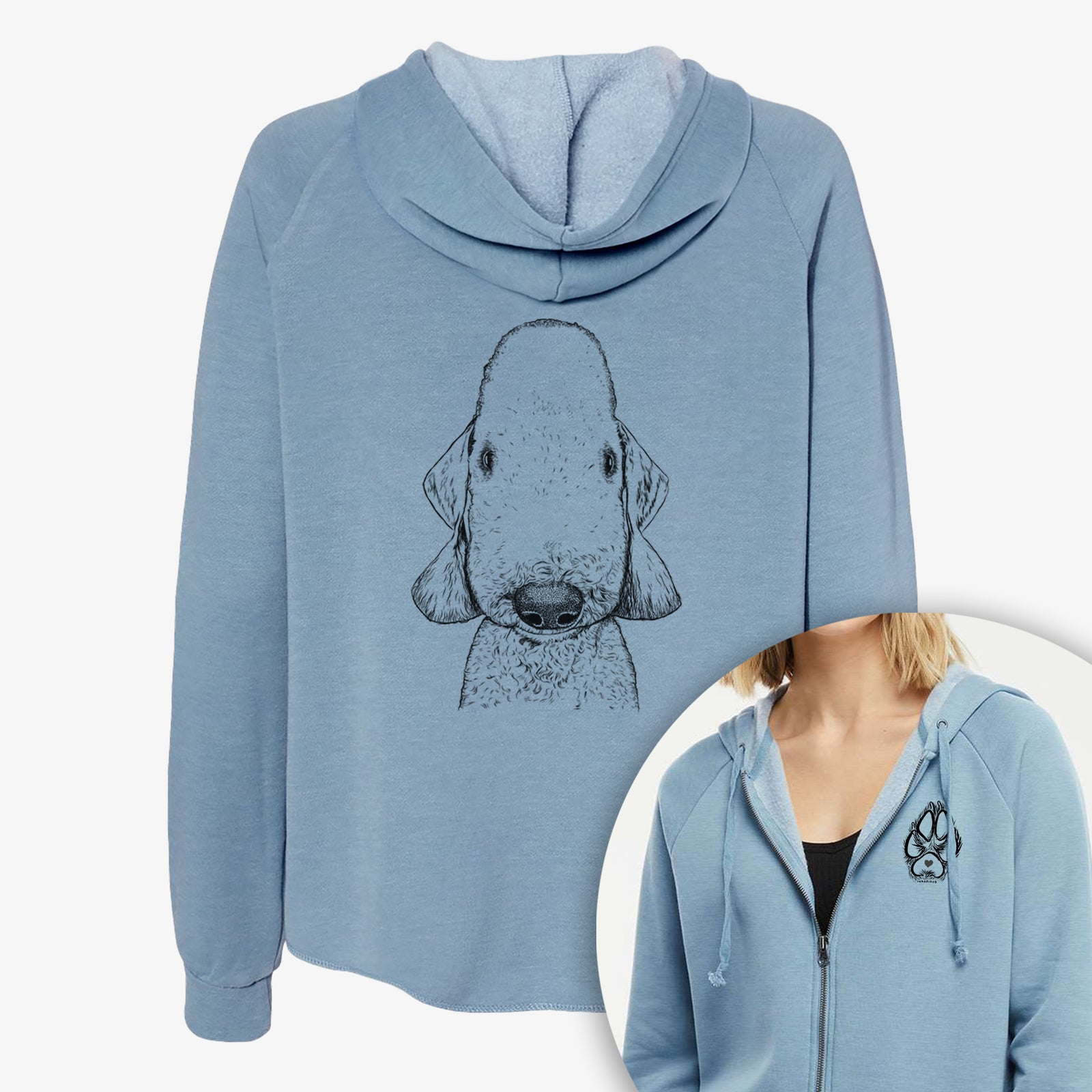 Hand-drawn sketch of Remington the Bedlington Terrier on a Women's cali wave zip-up sweatshirt, shown with icons of the other available costume styles