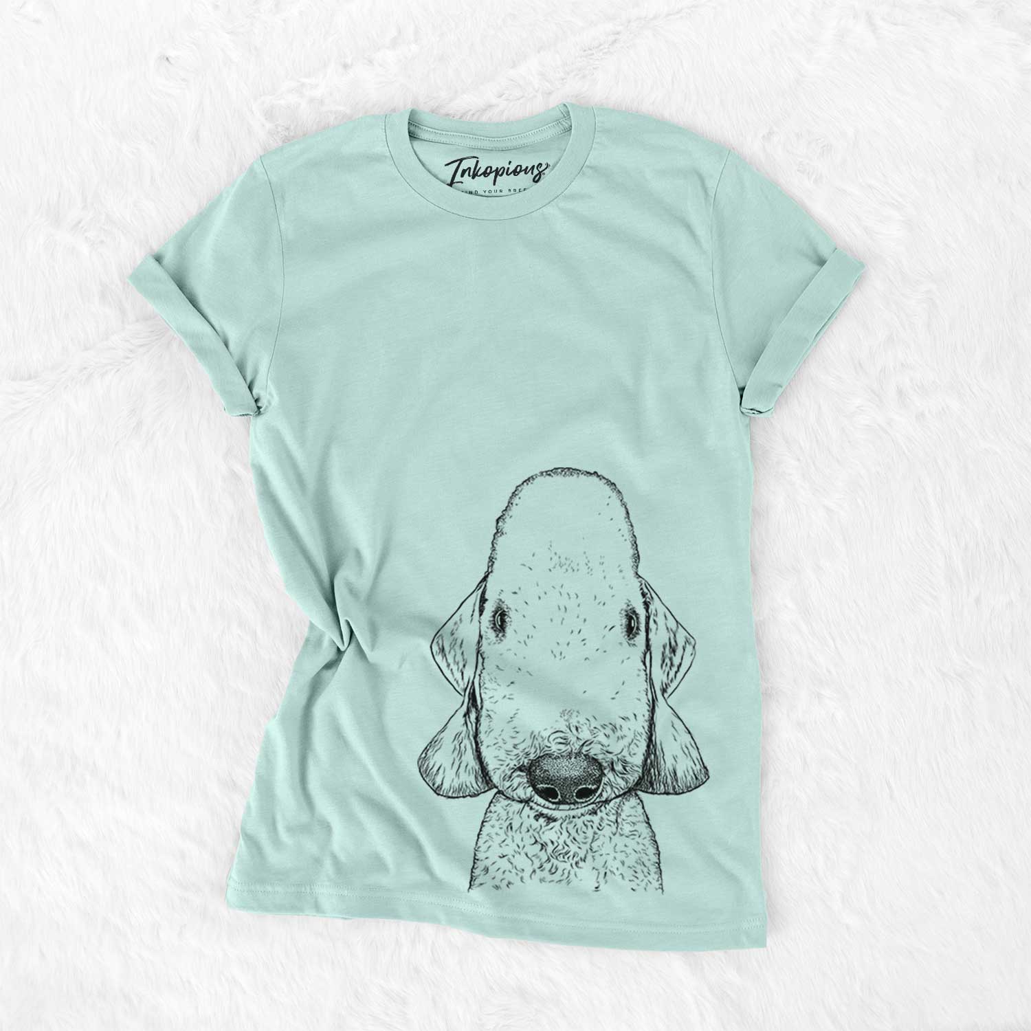 Hand-drawn sketch of Remington the Bedlington Terrier on a Heather Sage Bella Canvas Unisex Crewneck