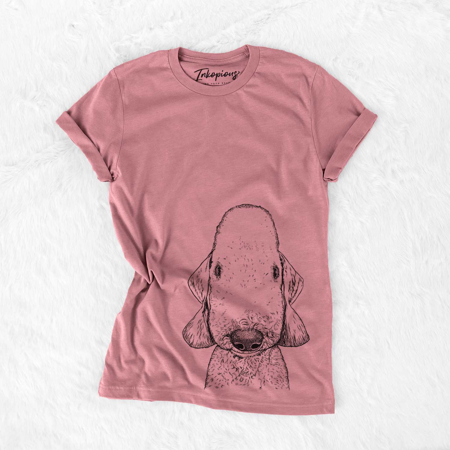Hand-drawn sketch of Remington the Bedlington Terrier on a Mauve Bella Canvas Unisex Crewneck