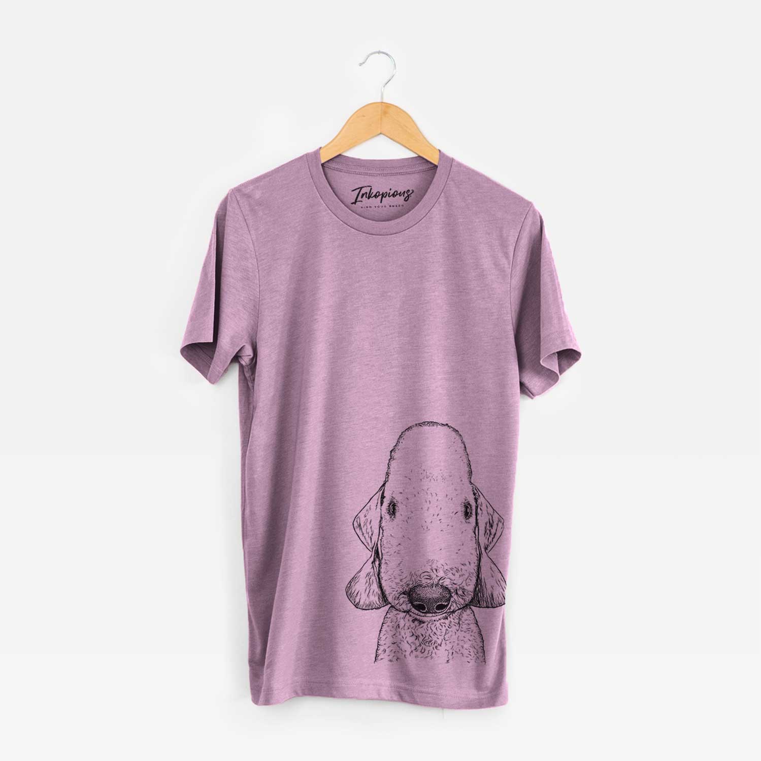 Hand-drawn sketch of Remington the Bedlington Terrier on an Orchid Bella Canvas Unisex Crewneck