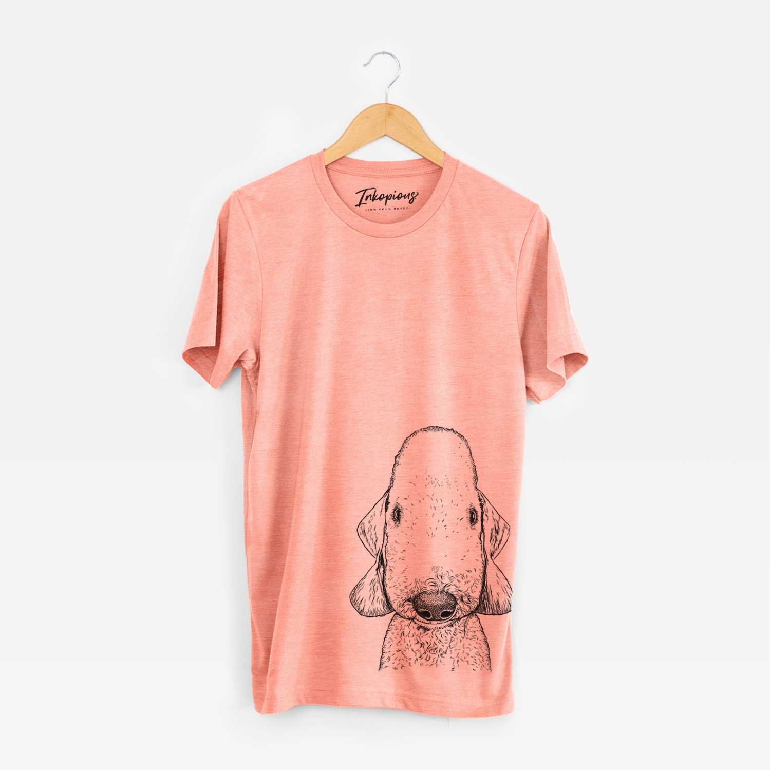 Hand-drawn sketch of Remington the Bedlington Terrier on a Sunset Bella Canvas Unisex Crewneck