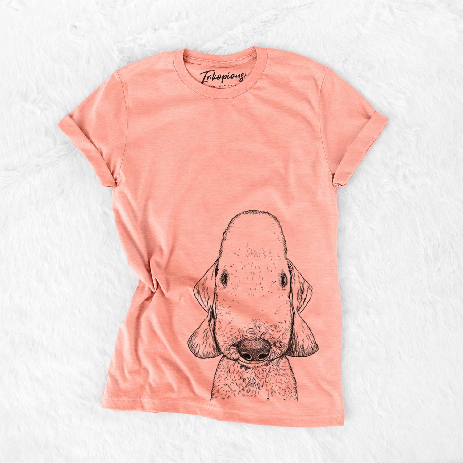 Hand-drawn sketch of Remington the Bedlington Terrier on a Sunset Bella Canvas Unisex Crewneck