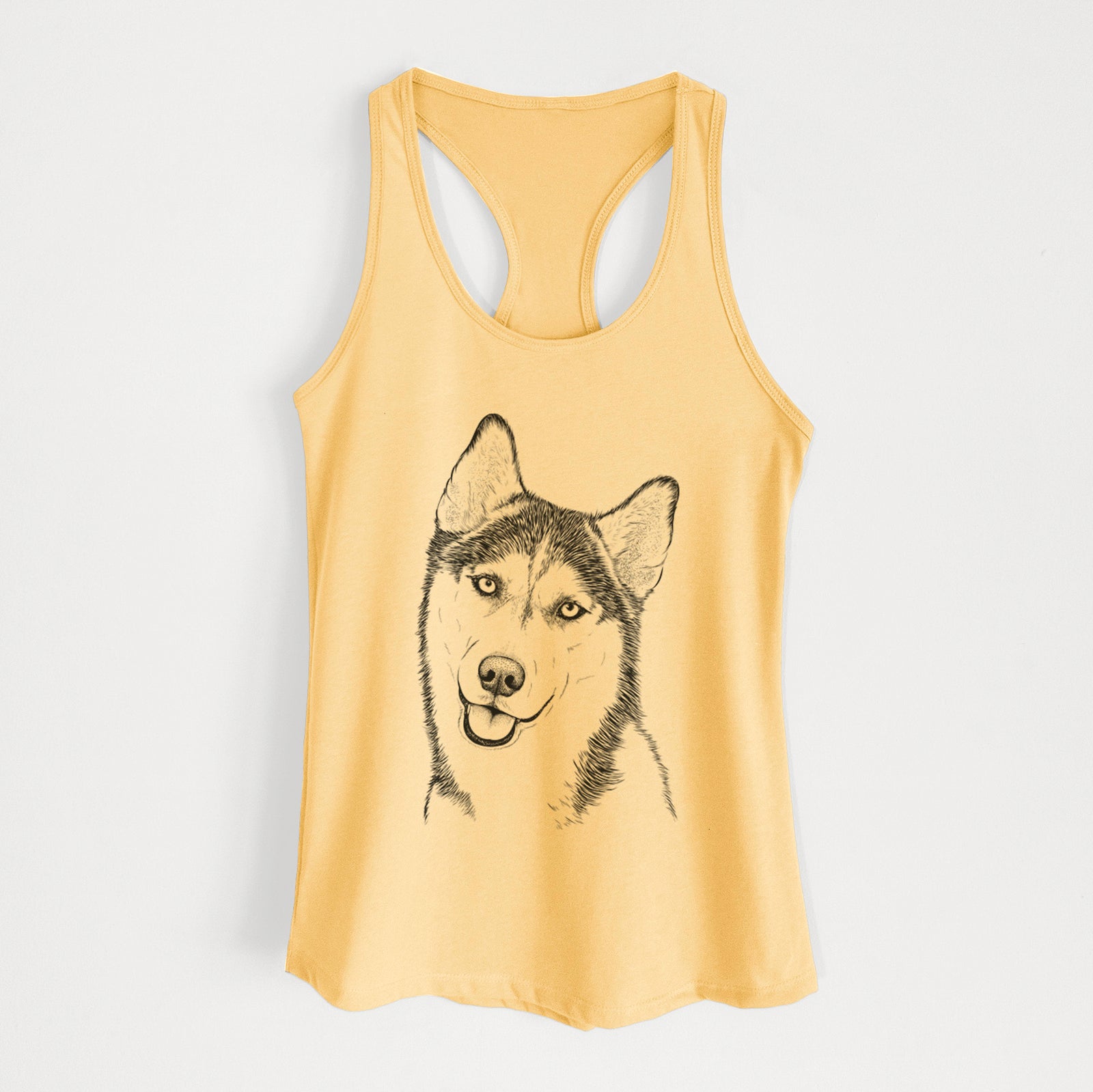 Hand-drawn sketch of Remmie the Siberian Husky on a Banana Cream Women's racerback tanktop