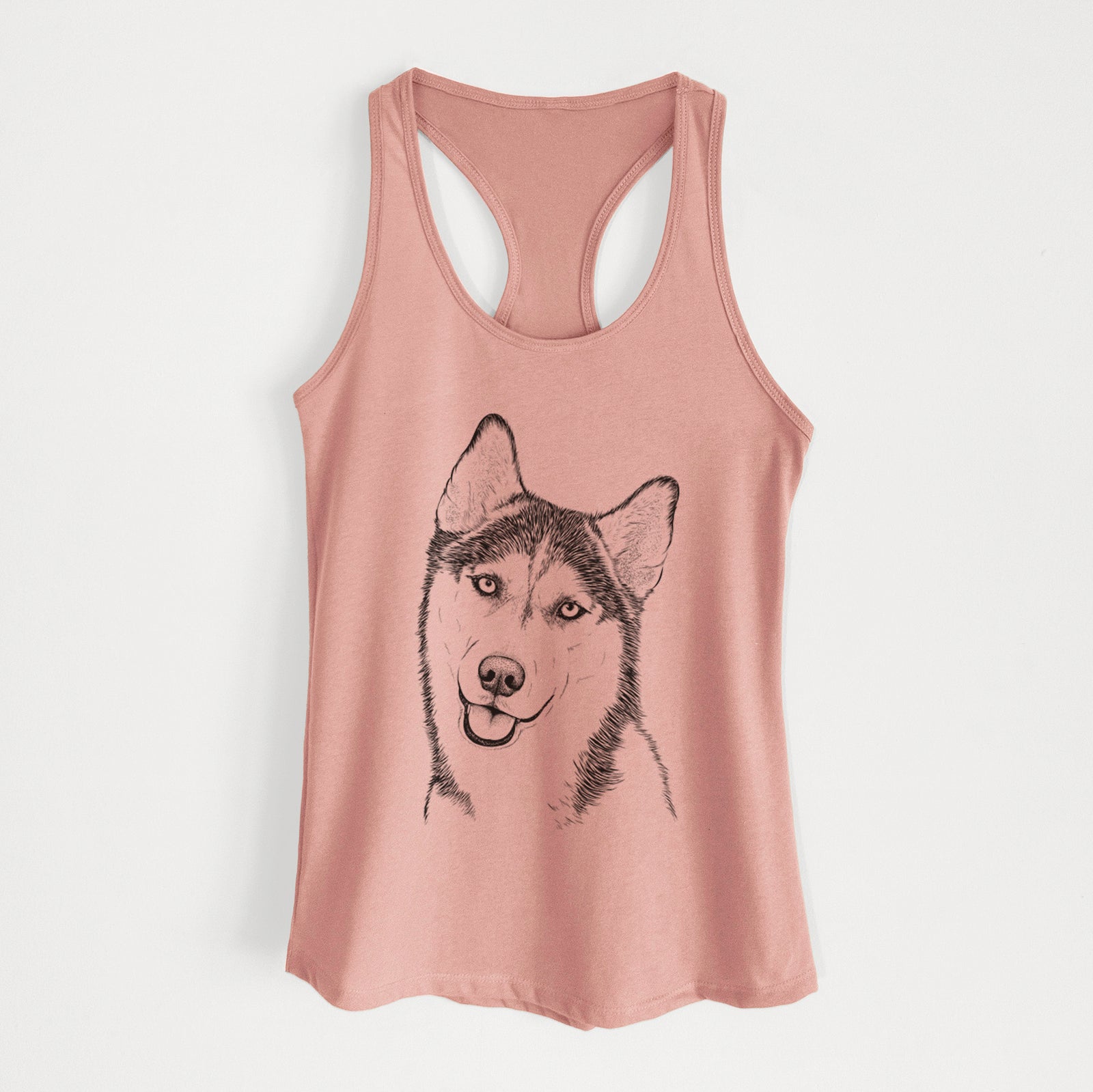 Hand-drawn sketch of Remmie the Siberian Husky on a Desert Pink Women's racerback tanktop