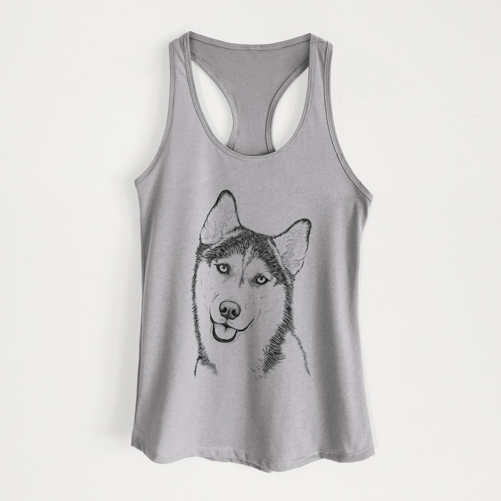 Hand-drawn sketch of Remmie the Siberian Husky on a Heather Grey Women's racerback tanktop