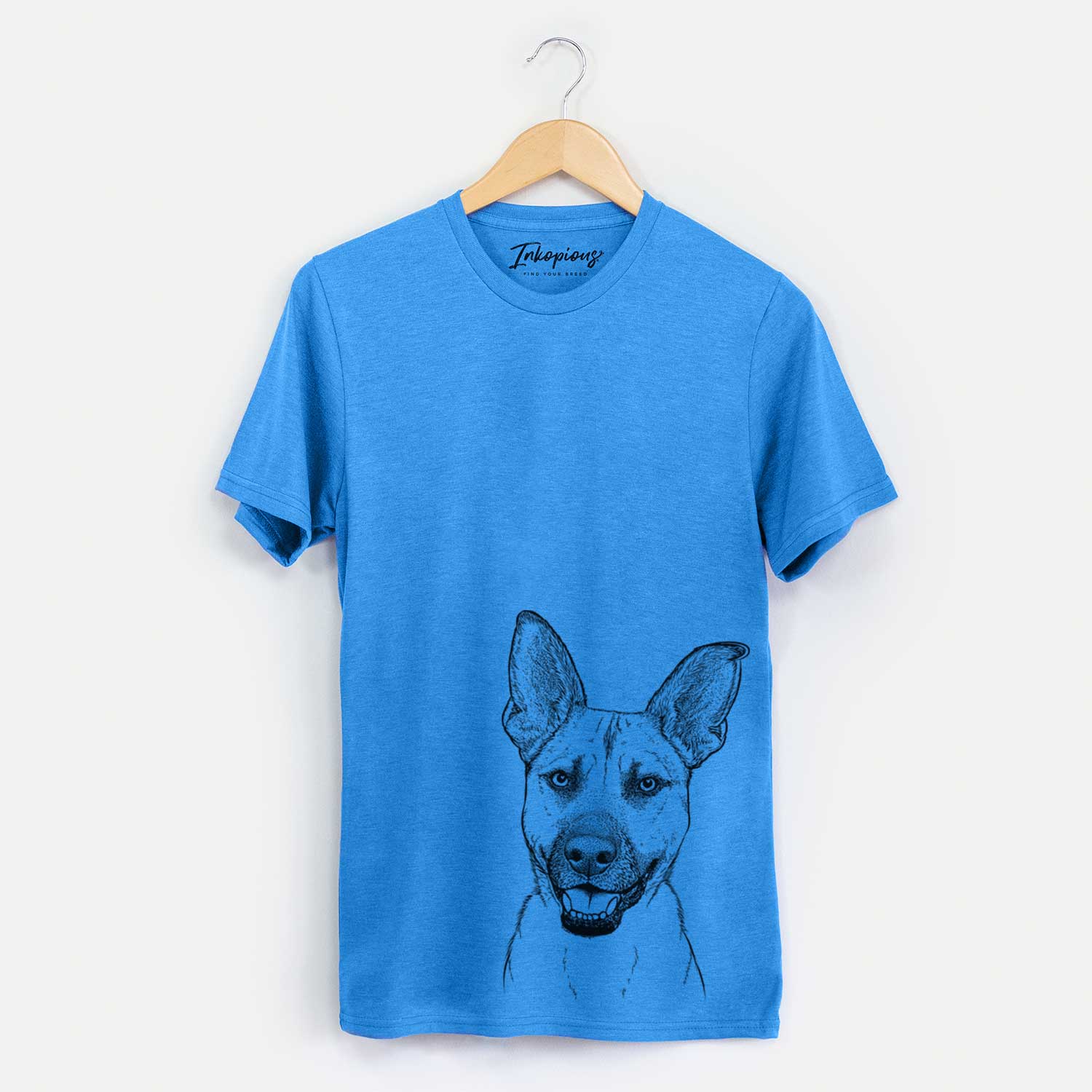 Hand-drawn sketch of Remus the German Shepherd Mix on a Blue Unisex crewneck