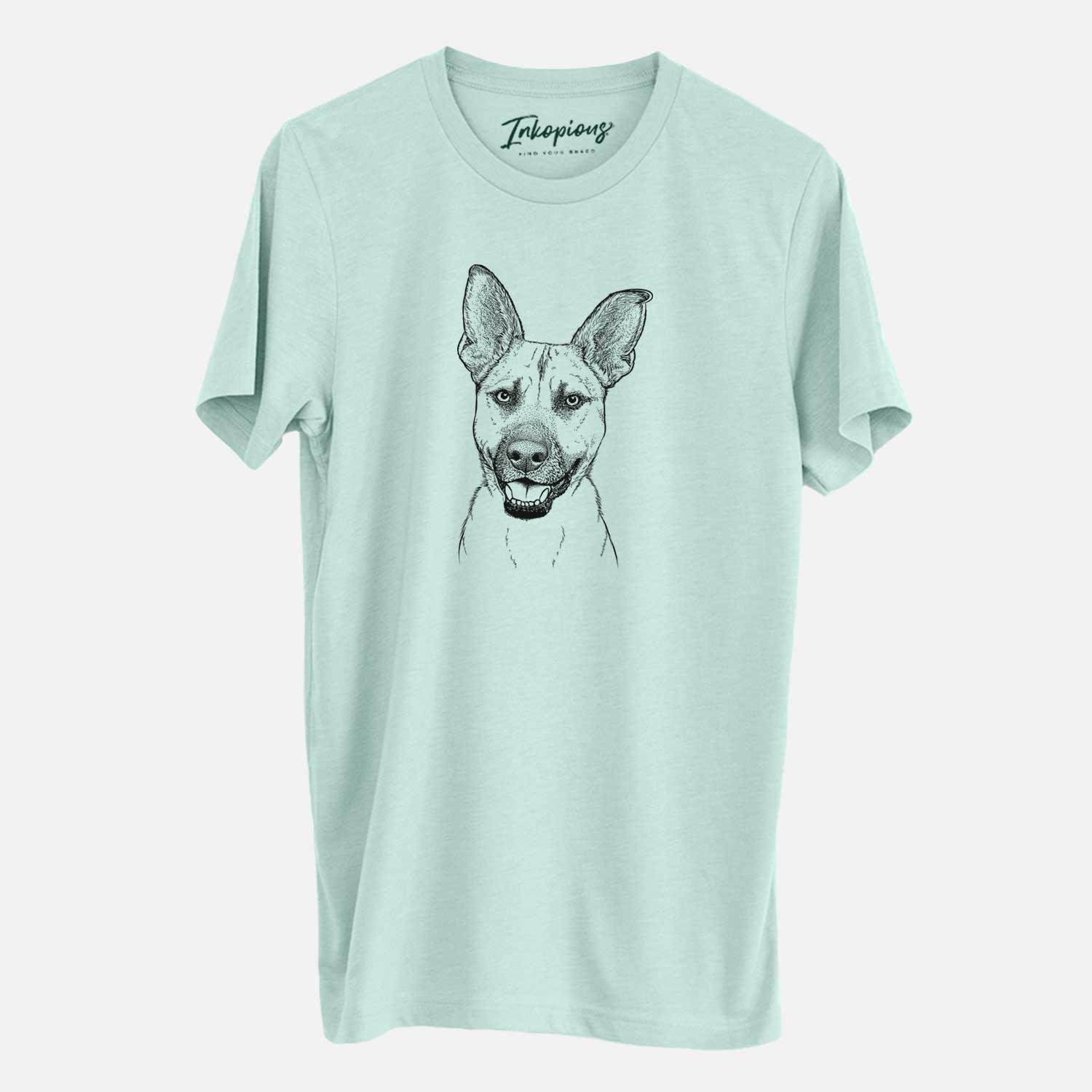 Hand-drawn sketch of Remus the German Shepherd Mix on a Heather Sage Unisex crewneck