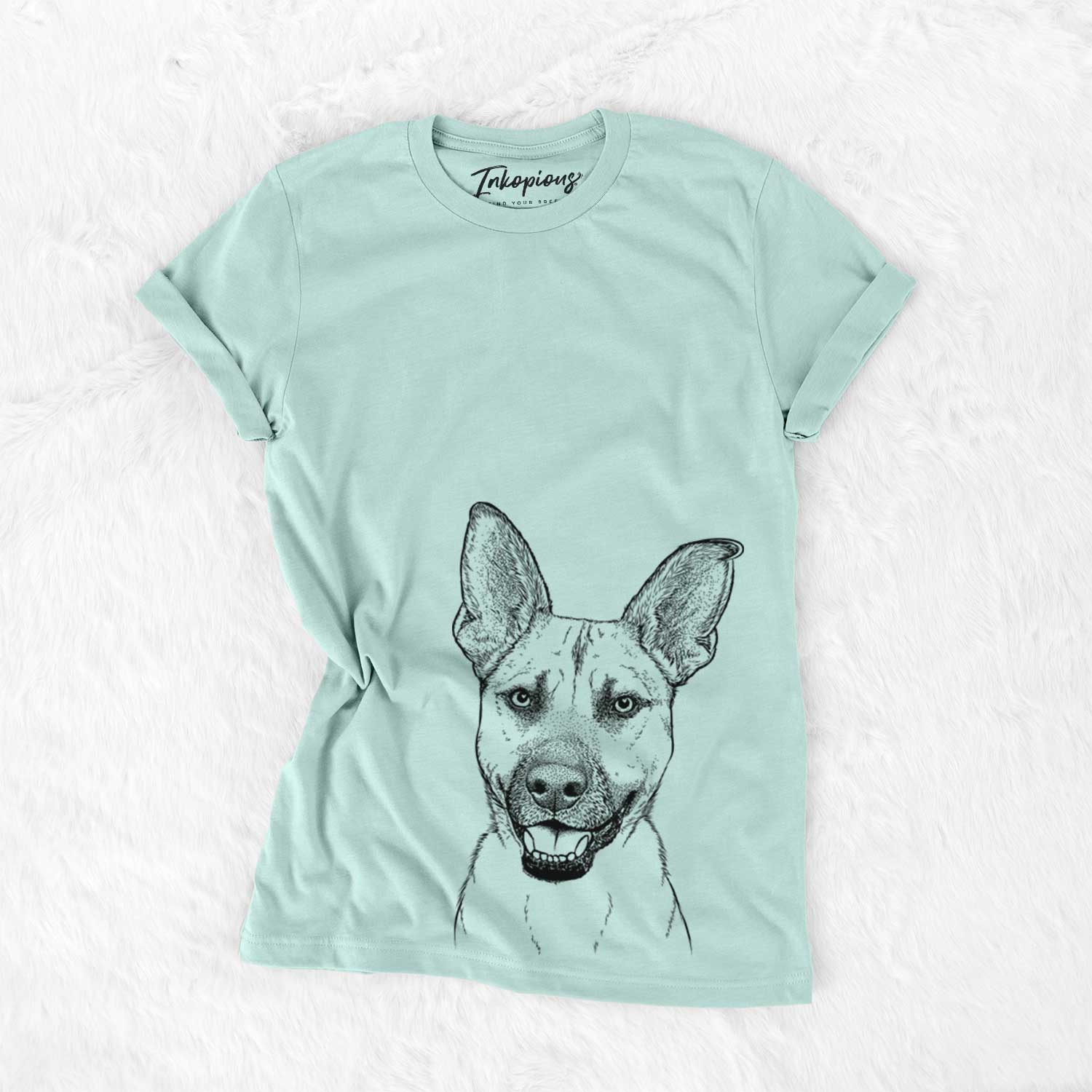 Hand-drawn sketch of Remus the German Shepherd Mix on a Heather Sage Unisex crewneck