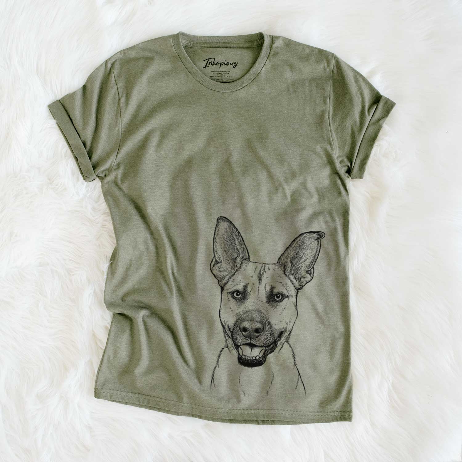 Hand-drawn sketch of Remus the German Shepherd Mix on an Olive Unisex crewneck
