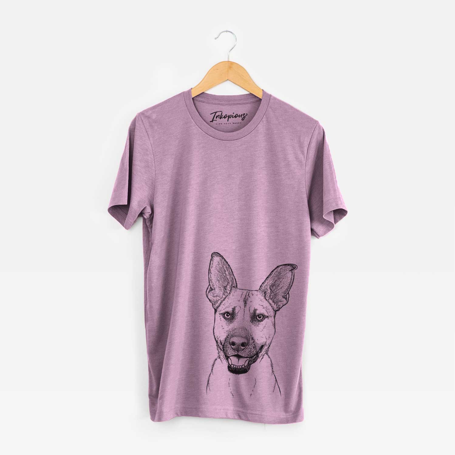 Hand-drawn sketch of Remus the German Shepherd Mix on an Orchid Unisex crewneck