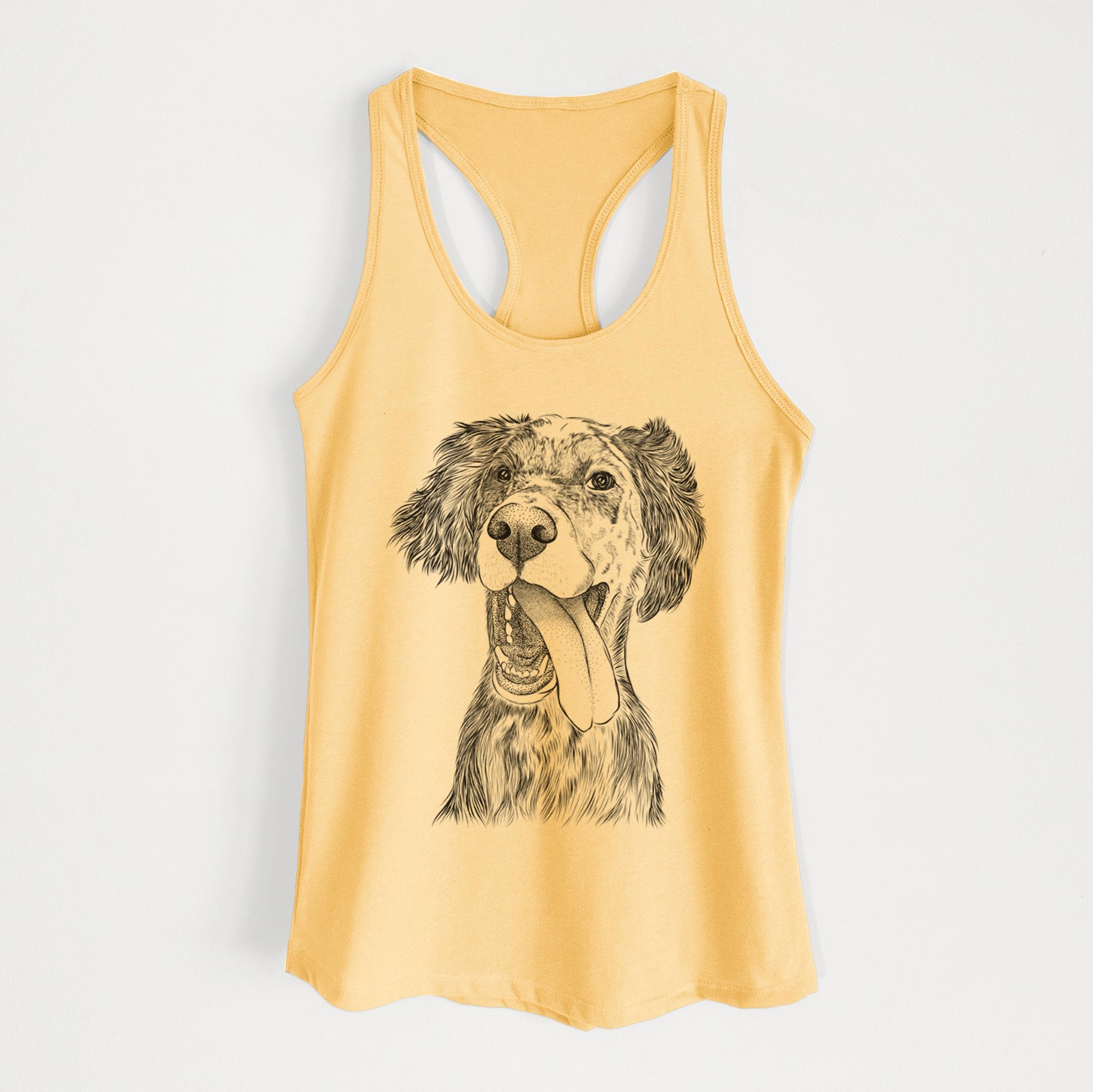 Hand-drawn sketch of Renly the English Setter on a Banana Cream Women's racerback tanktop