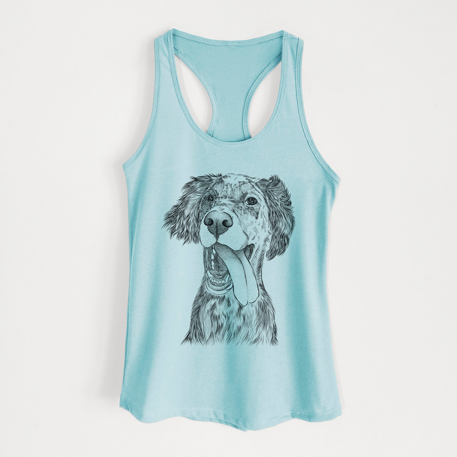 Hand-drawn sketch of Renly the English Setter on a Cancun Blue Women's racerback tanktop
