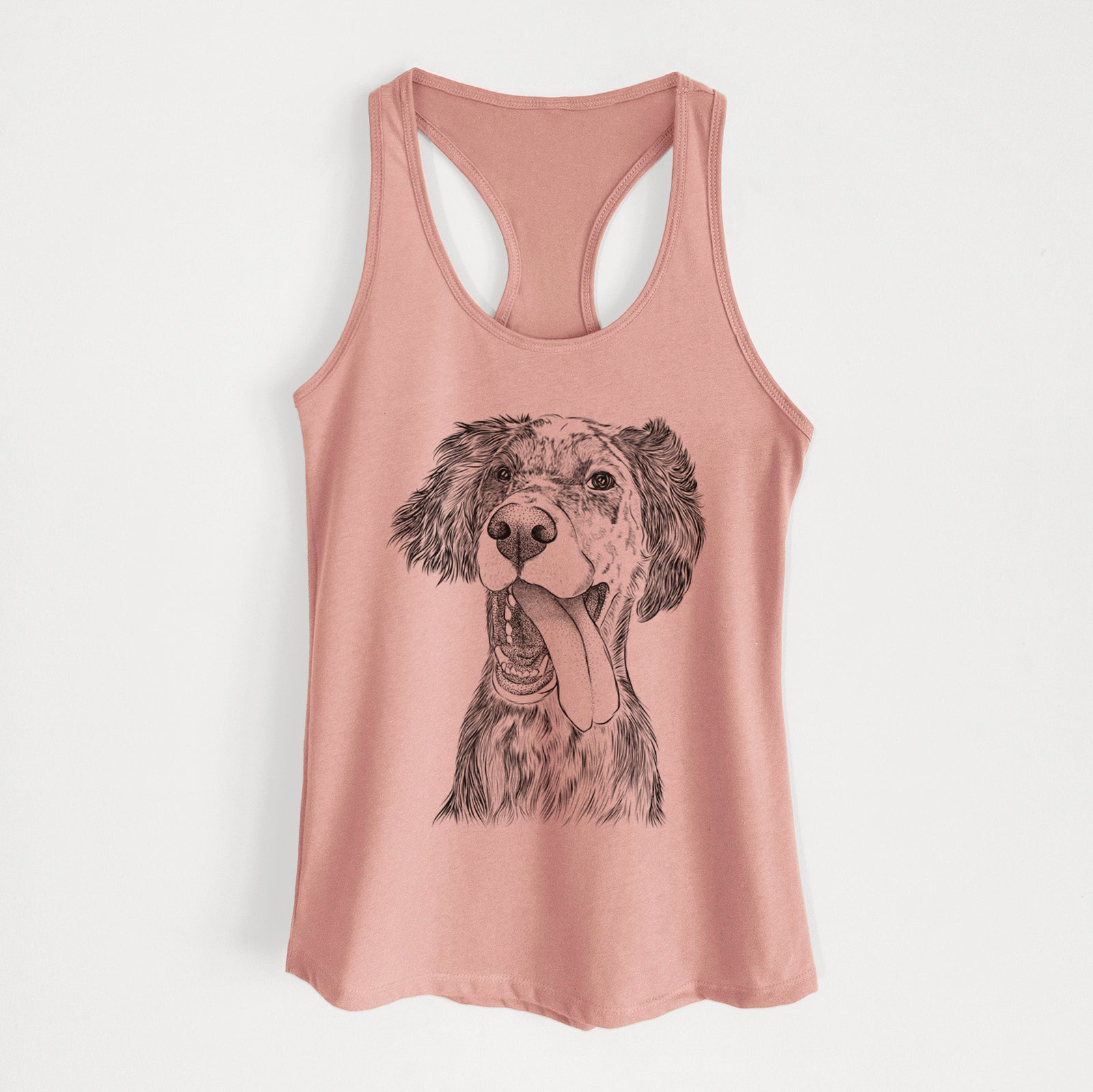 Hand-drawn sketch of Renly the English Setter on a Desert Pink Women's racerback tanktop