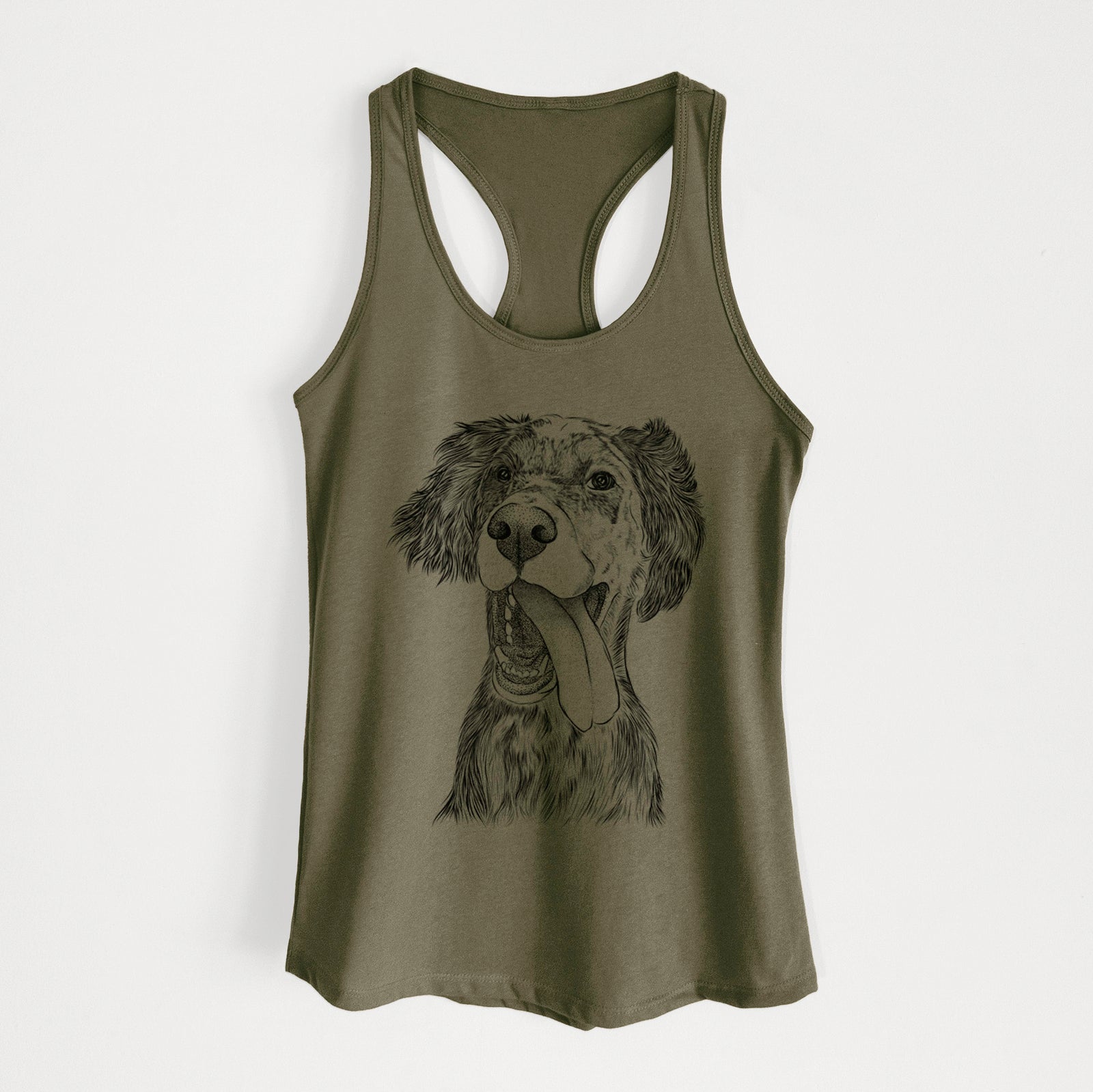 Hand-drawn sketch of Renly the English Setter on a Military Green Women's racerback tanktop